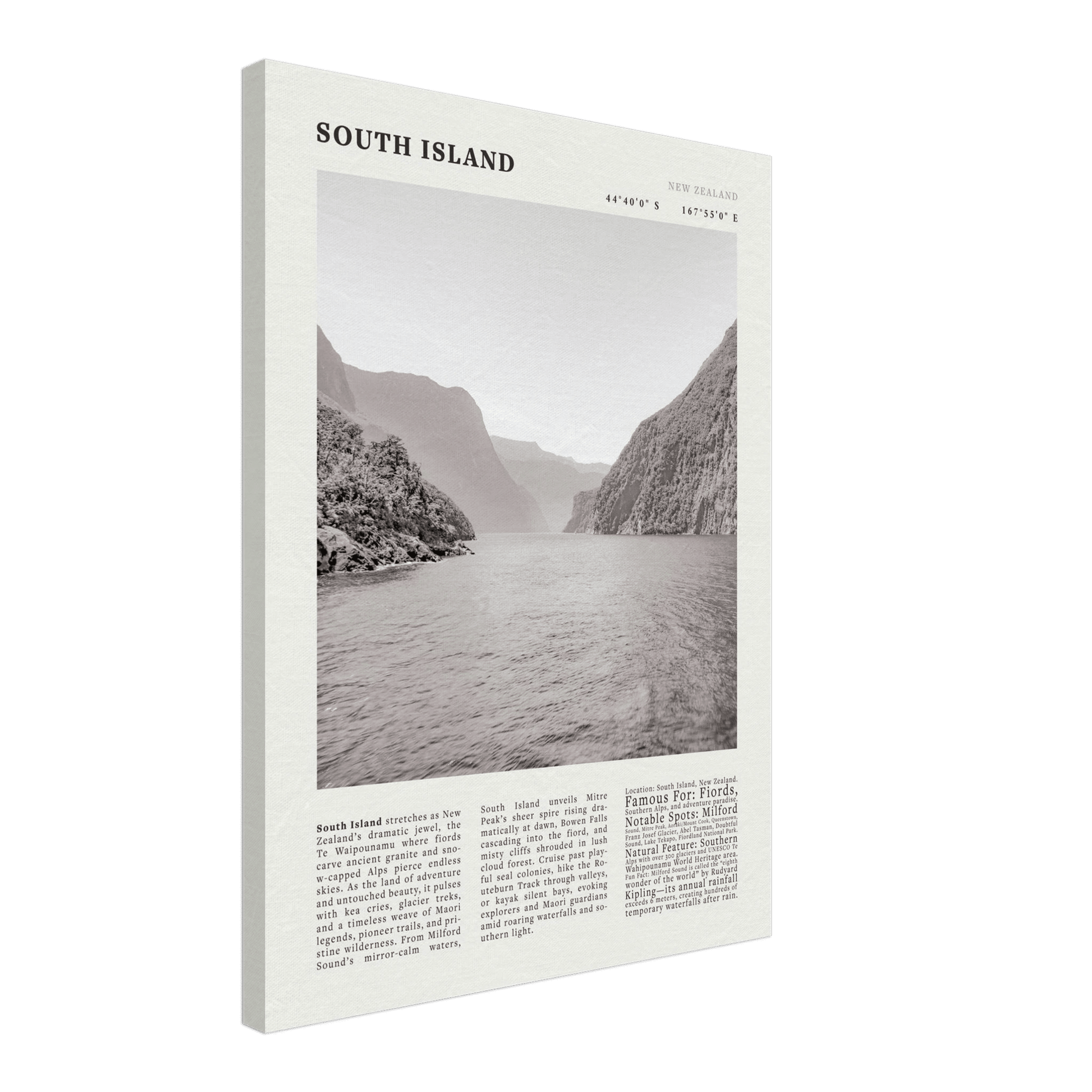 South Island New Zealand Poster Black and White – Vintage Milford Sound Fjord Print - Evergreen Posters