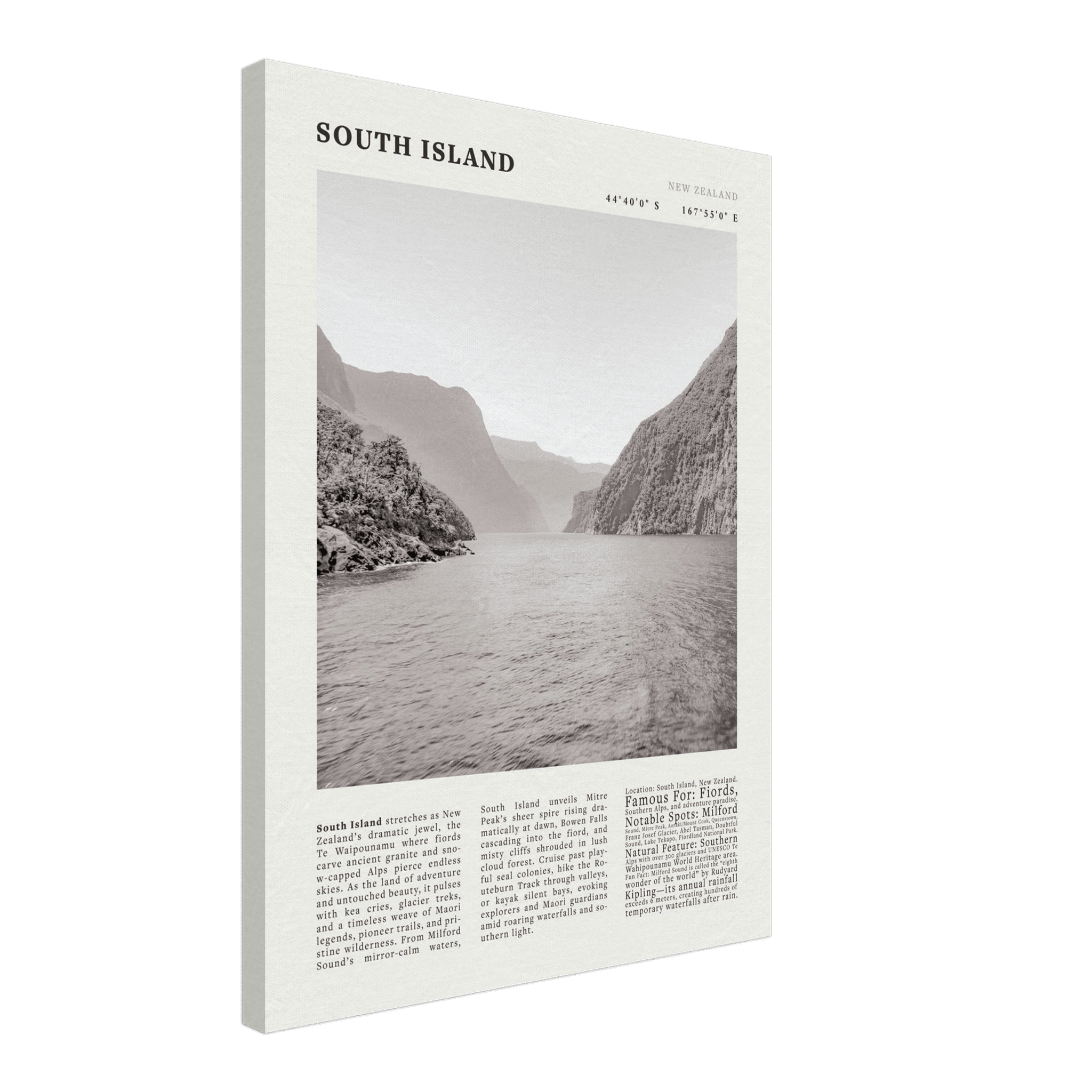 South Island New Zealand Poster Black and White – Vintage Milford Sound Fjord Print - Evergreen Posters