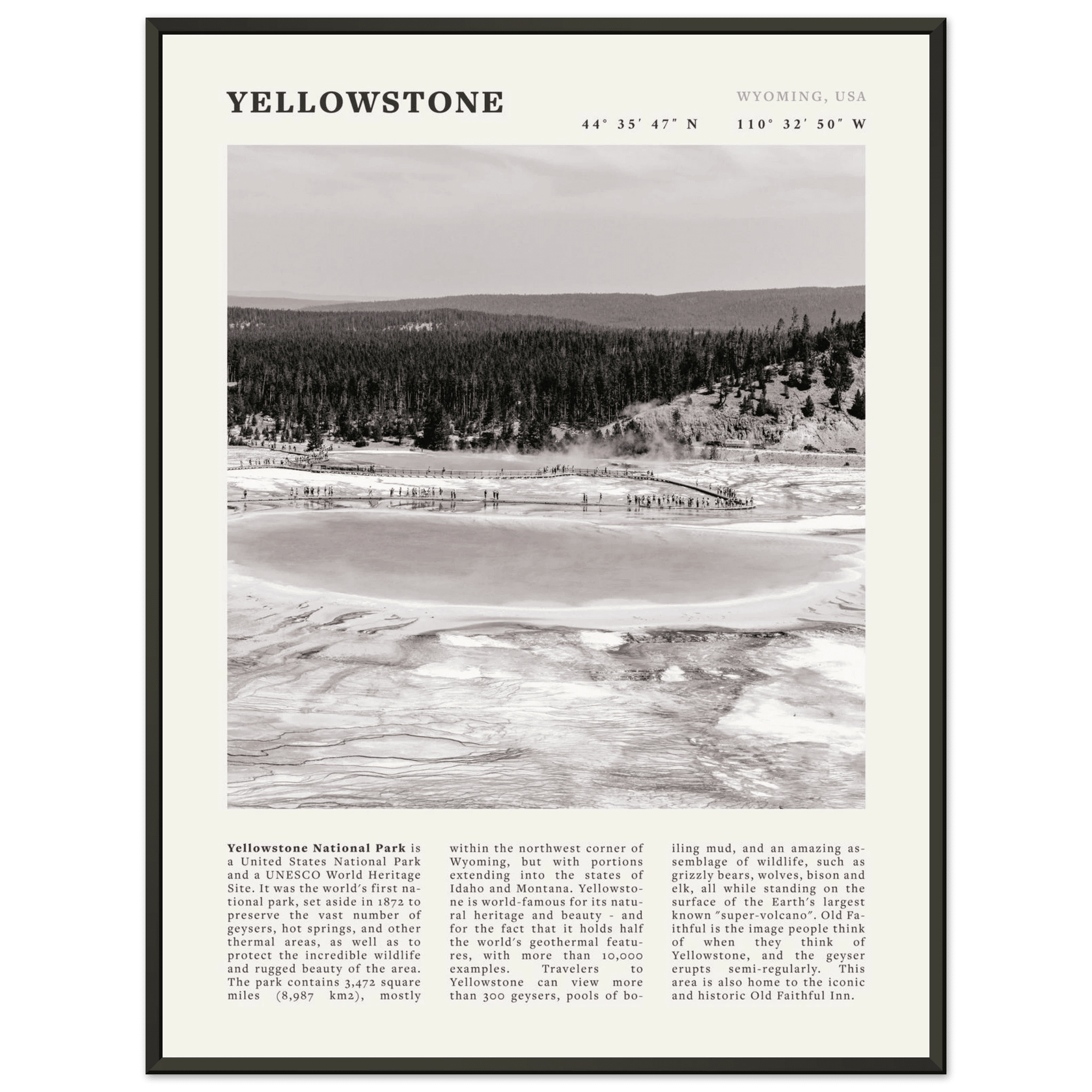 Yellowstone Poster | Black & White Grand Prismatic Spring Wall Art | WY Print - Evergreen Posters