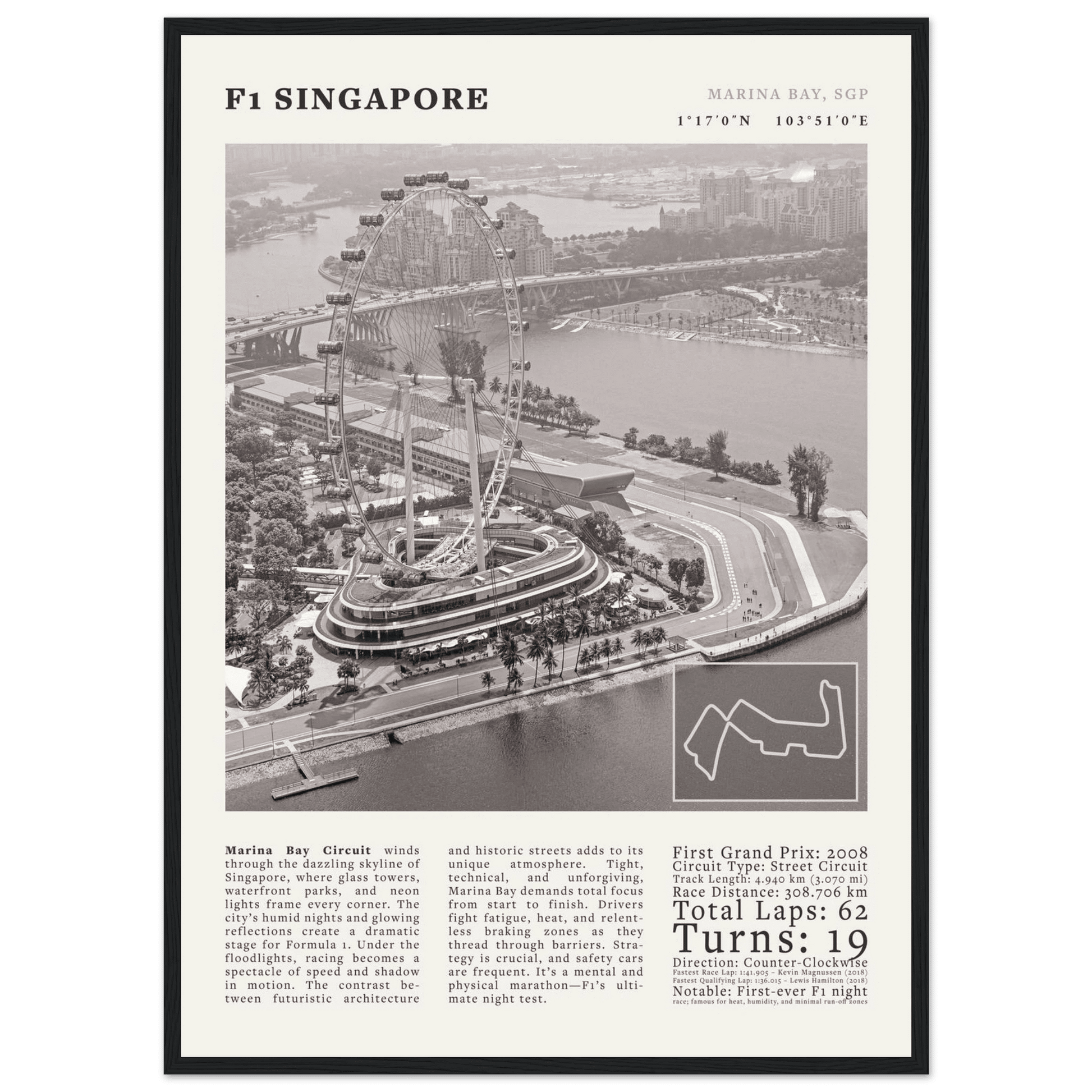 F1 Singapore Poster Black and White – Vintage Marina Bay Night Race Print (Digital & Printed Options) - Evergreen Posters
