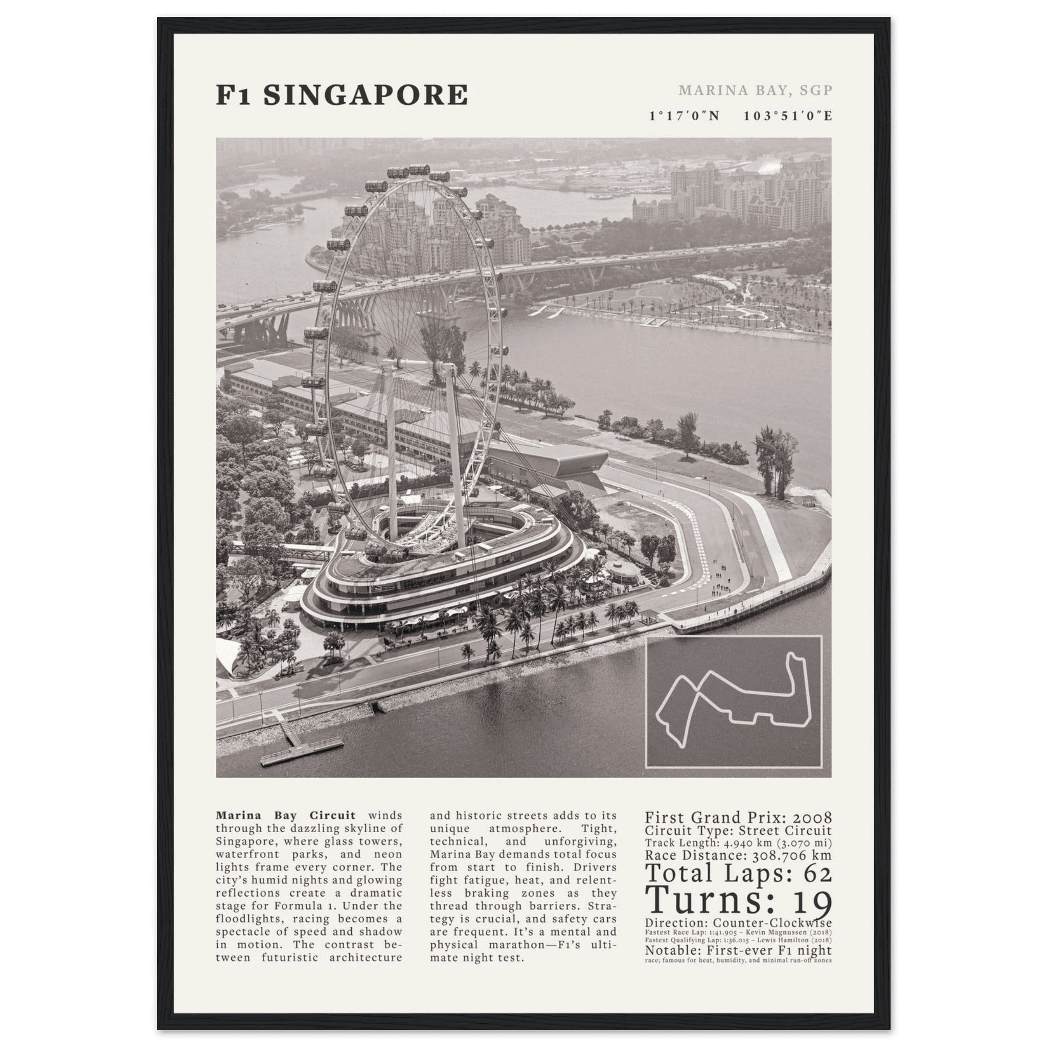 F1 Singapore Poster Black and White – Vintage Marina Bay Night Race Print (Digital & Printed Options) - Evergreen Posters