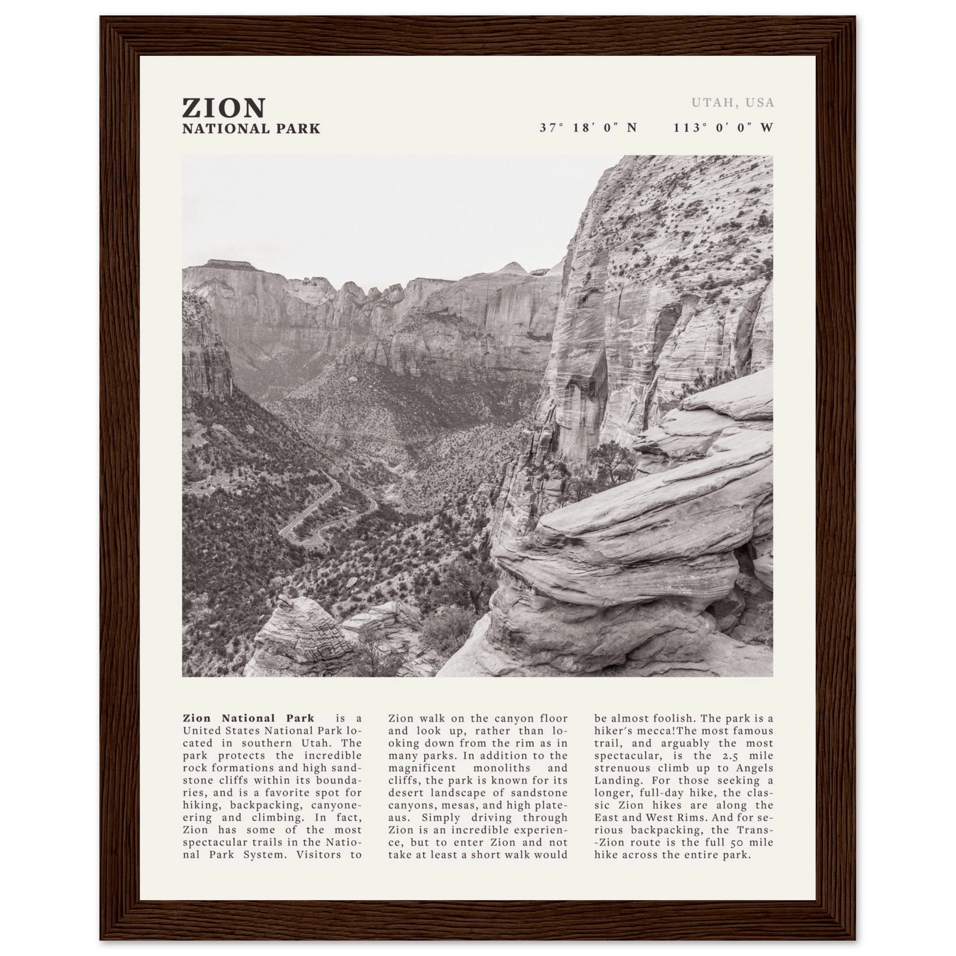Zion National Park Poster | Black & White Utah Canyon Wall Art | USA Travel Print - Evergreen Posters