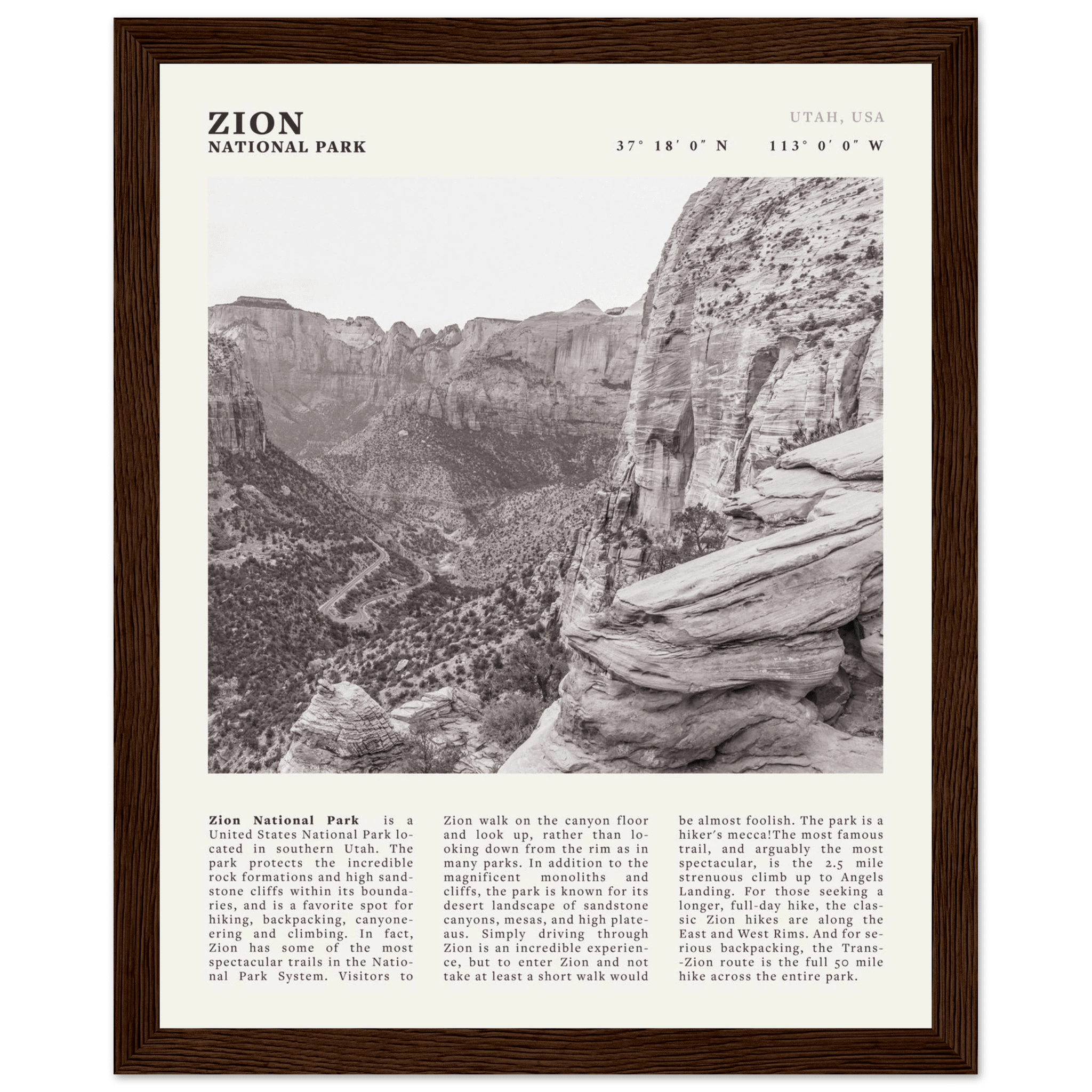 Zion National Park Poster | Black & White Utah Canyon Wall Art | USA Travel Print - Evergreen Posters