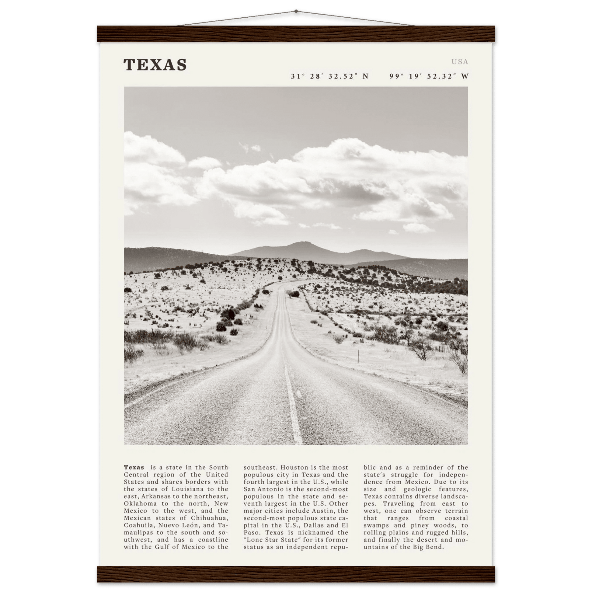 Texas Poster | Black & White Lone Star Road Wall Art | USA Travel Print Decor - Evergreen Posters