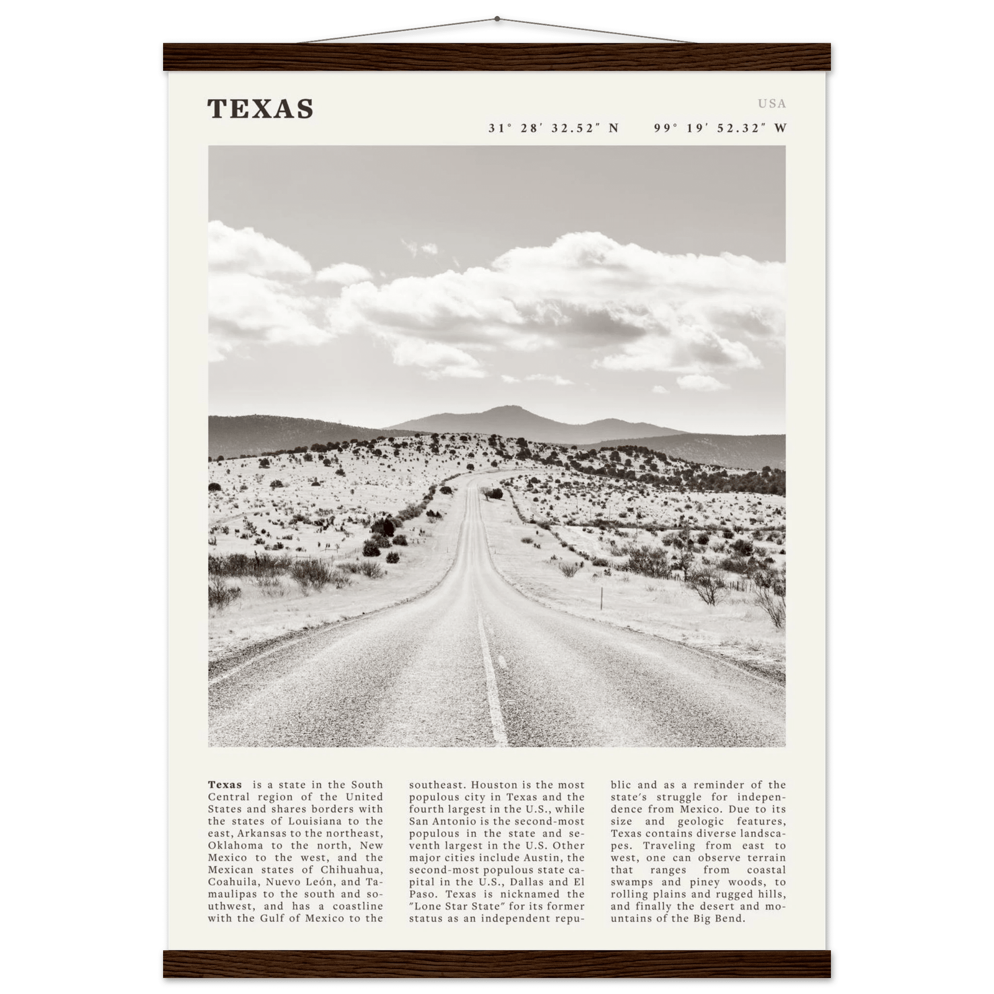 Texas Poster | Black & White Lone Star Road Wall Art | USA Travel Print Decor - Evergreen Posters