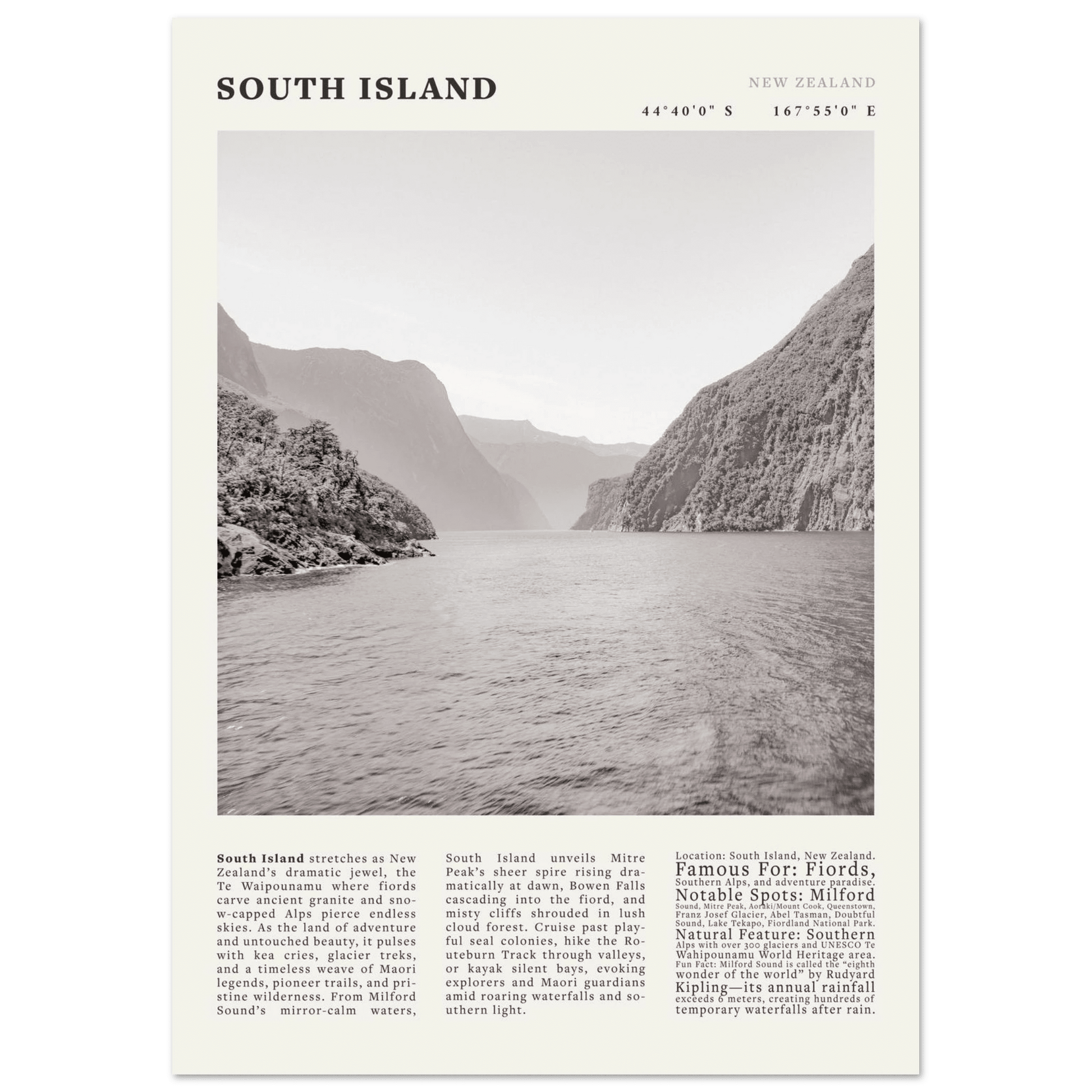 South Island New Zealand Poster Black and White – Vintage Milford Sound Fjord Print - Evergreen Posters