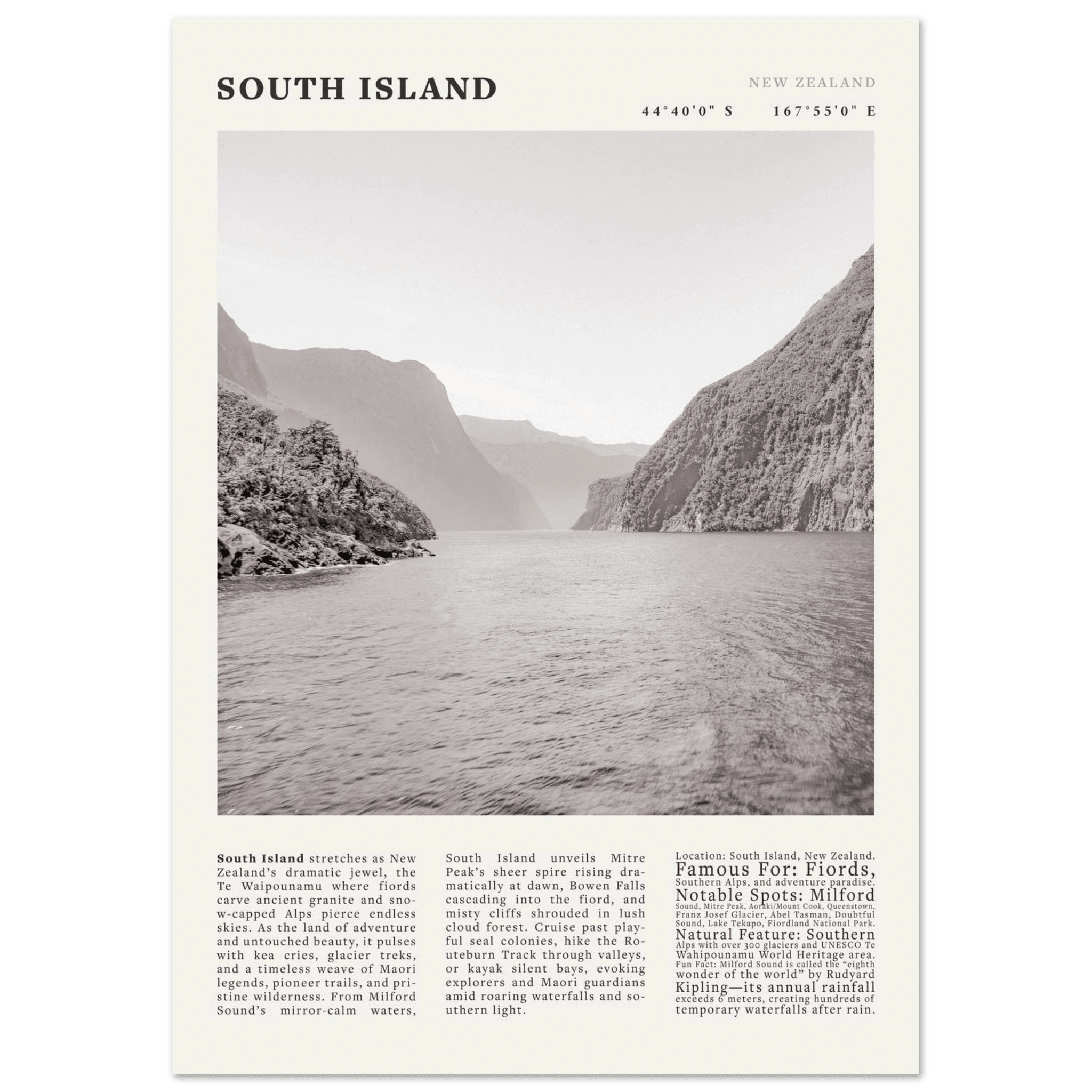 South Island New Zealand Poster Black and White – Vintage Milford Sound Fjord Print - Evergreen Posters
