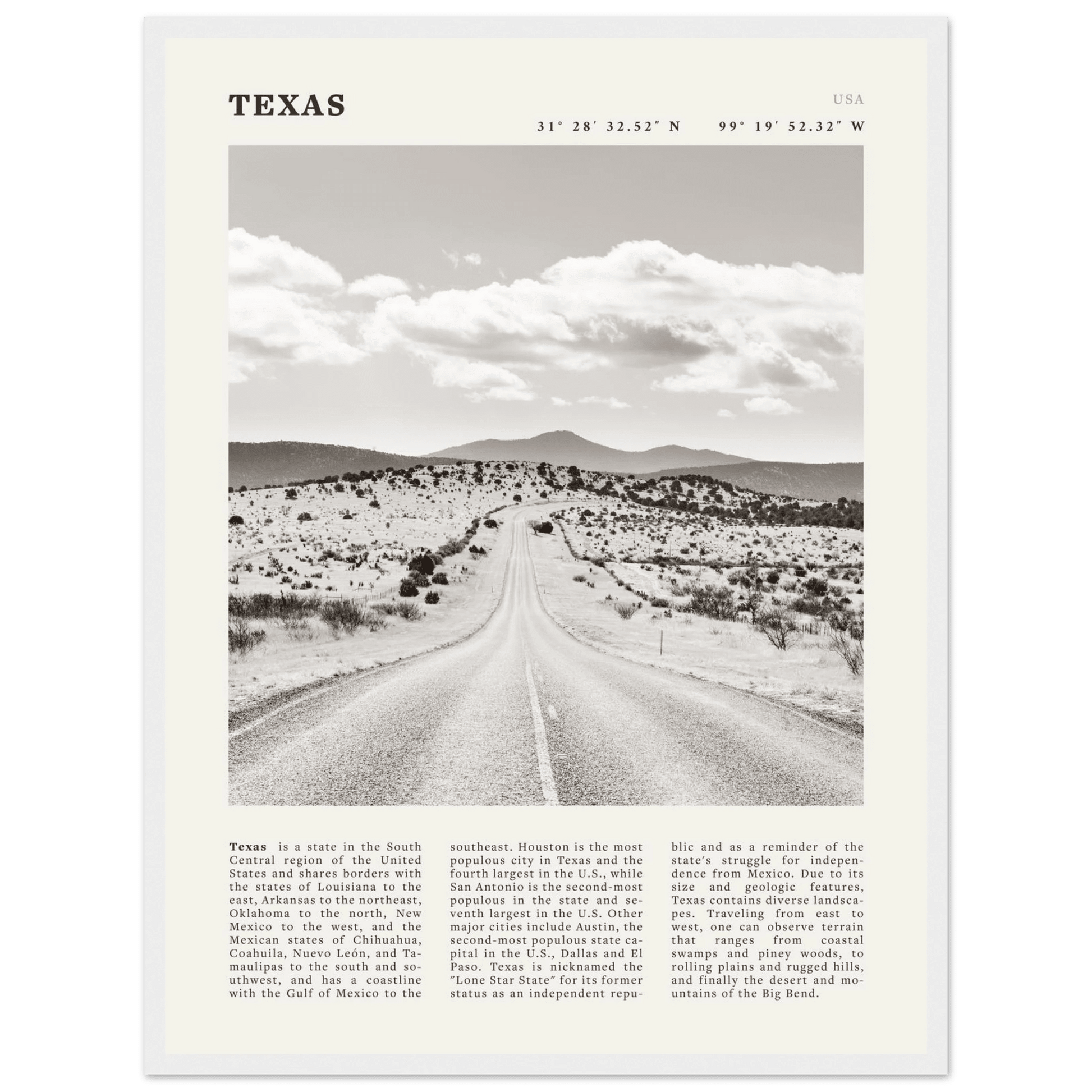 Texas Poster | Black & White Lone Star Road Wall Art | USA Travel Print Decor - Evergreen Posters