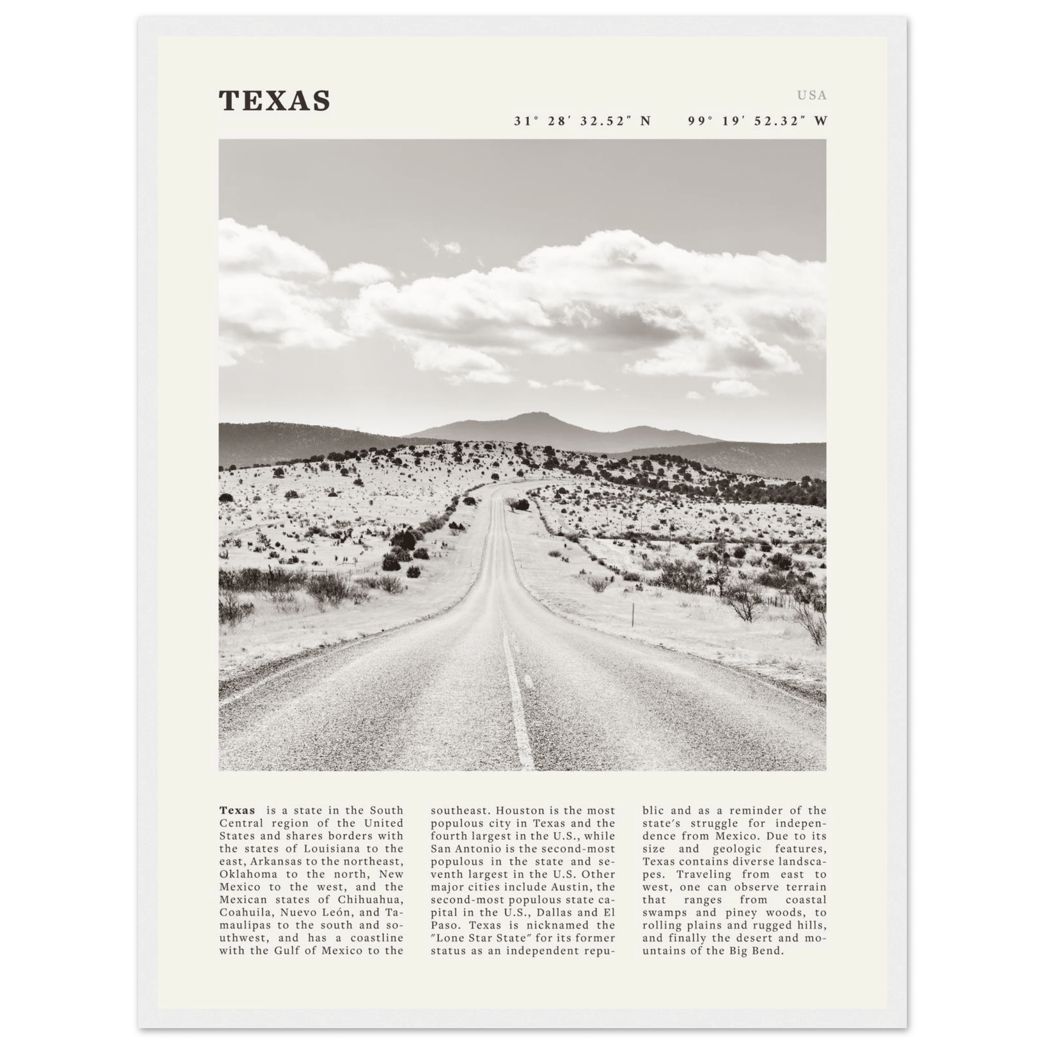 Texas Poster | Black & White Lone Star Road Wall Art | USA Travel Print Decor - Evergreen Posters
