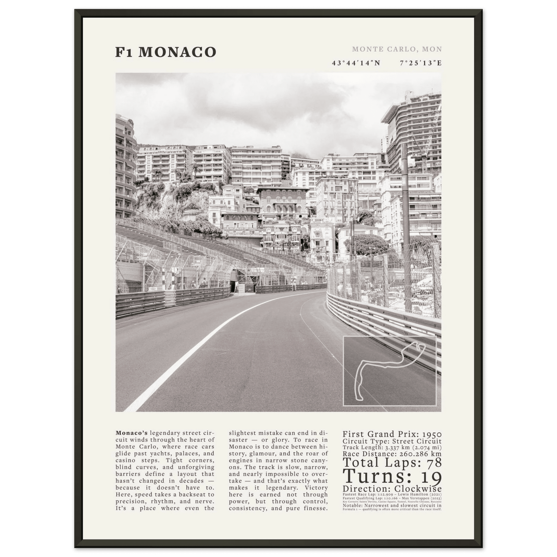 F1 Monaco Poster Black and White – Vintage Monte Carlo Street Circuit Print (Digital & Printed Options) - Evergreen Posters