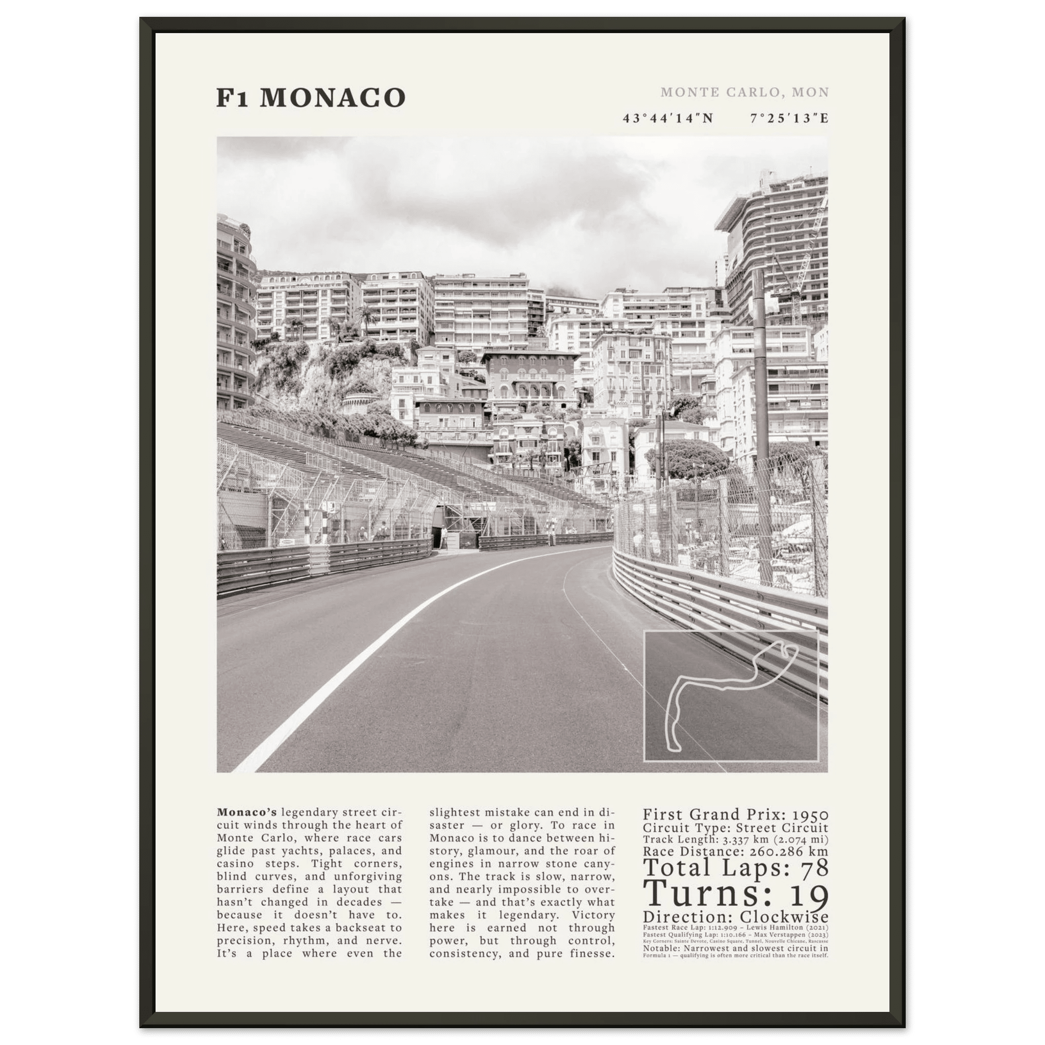 F1 Monaco Poster Black and White – Vintage Monte Carlo Street Circuit Print (Digital & Printed Options) - Evergreen Posters