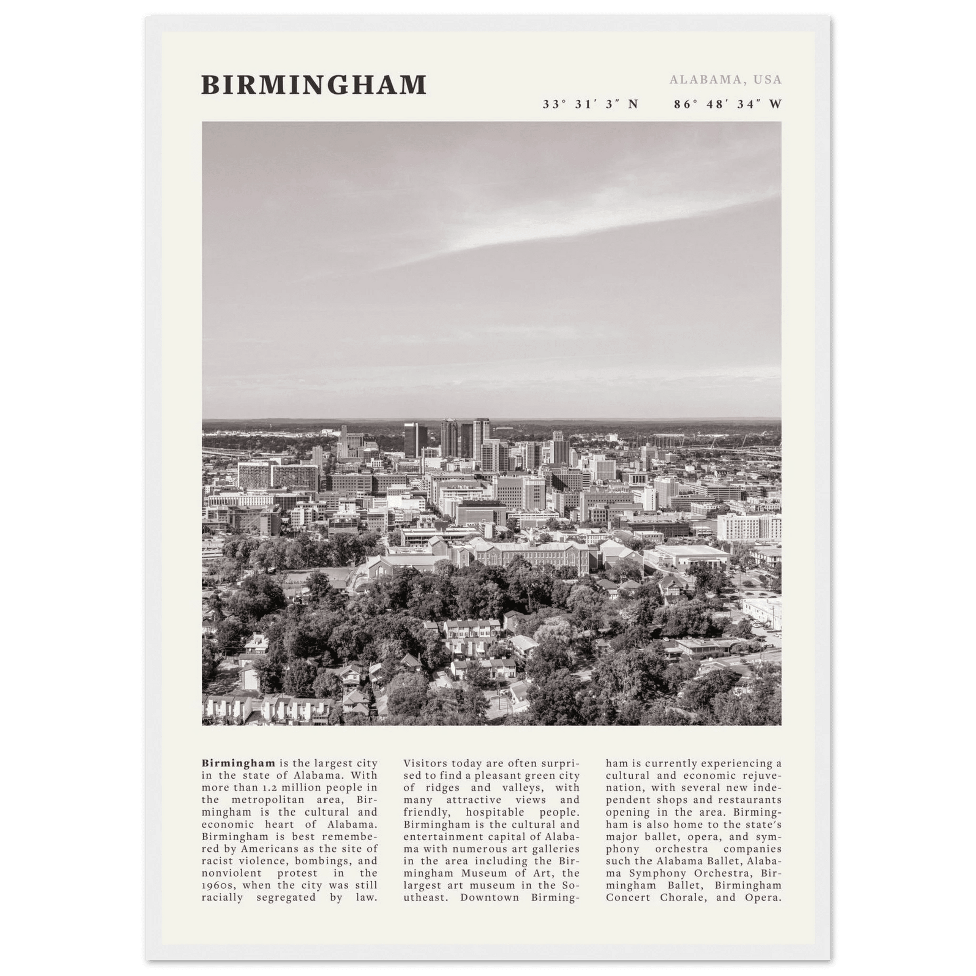 Birmingham Poster | Black & White Alabama Skyline Wall Art | AL Travel Print - Evergreen Posters