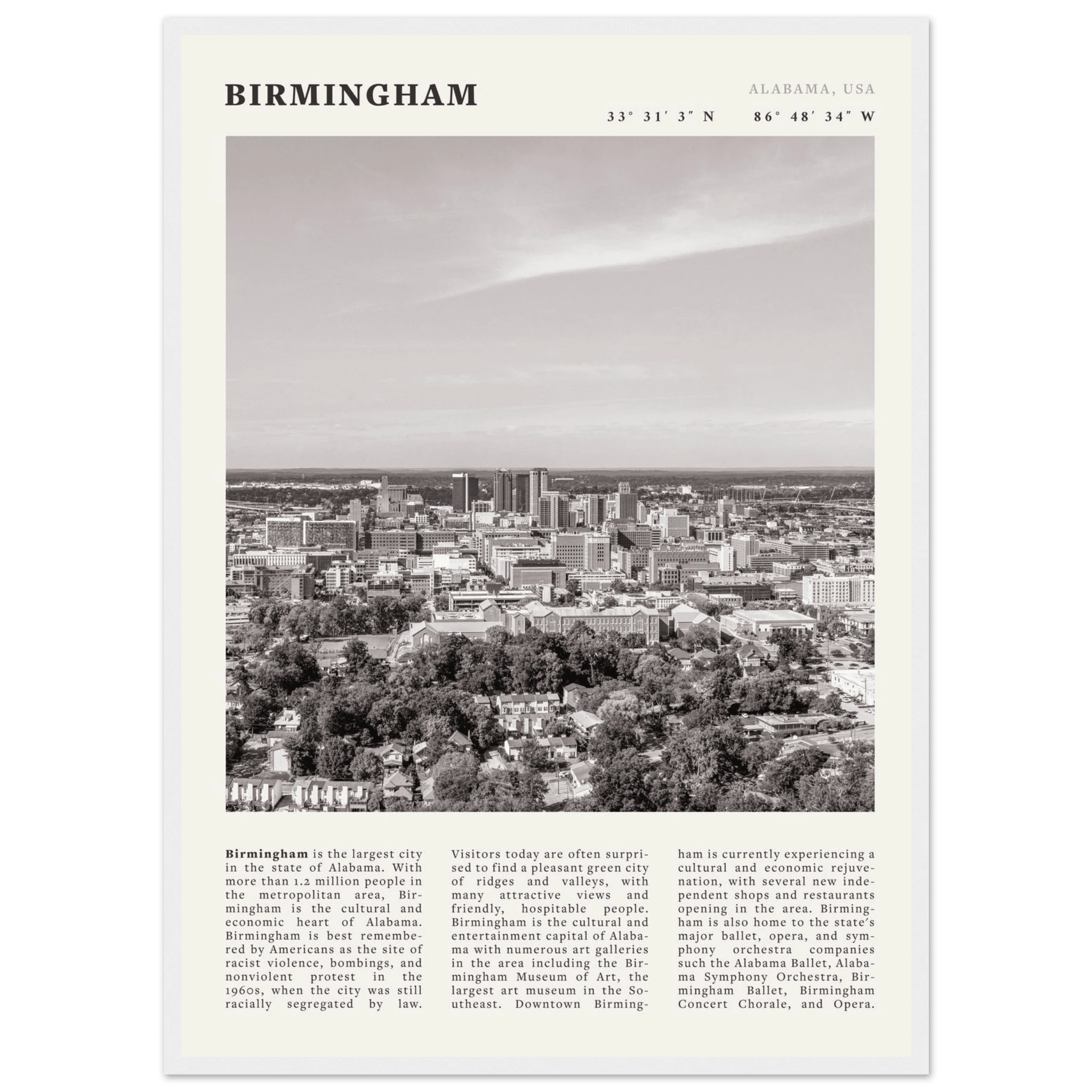 Birmingham Poster | Black & White Alabama Skyline Wall Art | AL Travel Print - Evergreen Posters