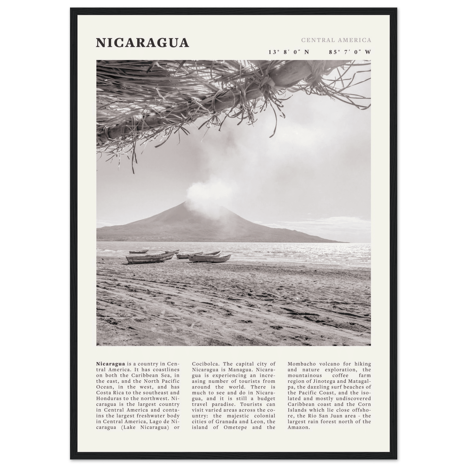 Nicaragua Poster | Black & White Volcano Wall Art | Central America Travel Print - Evergreen Posters