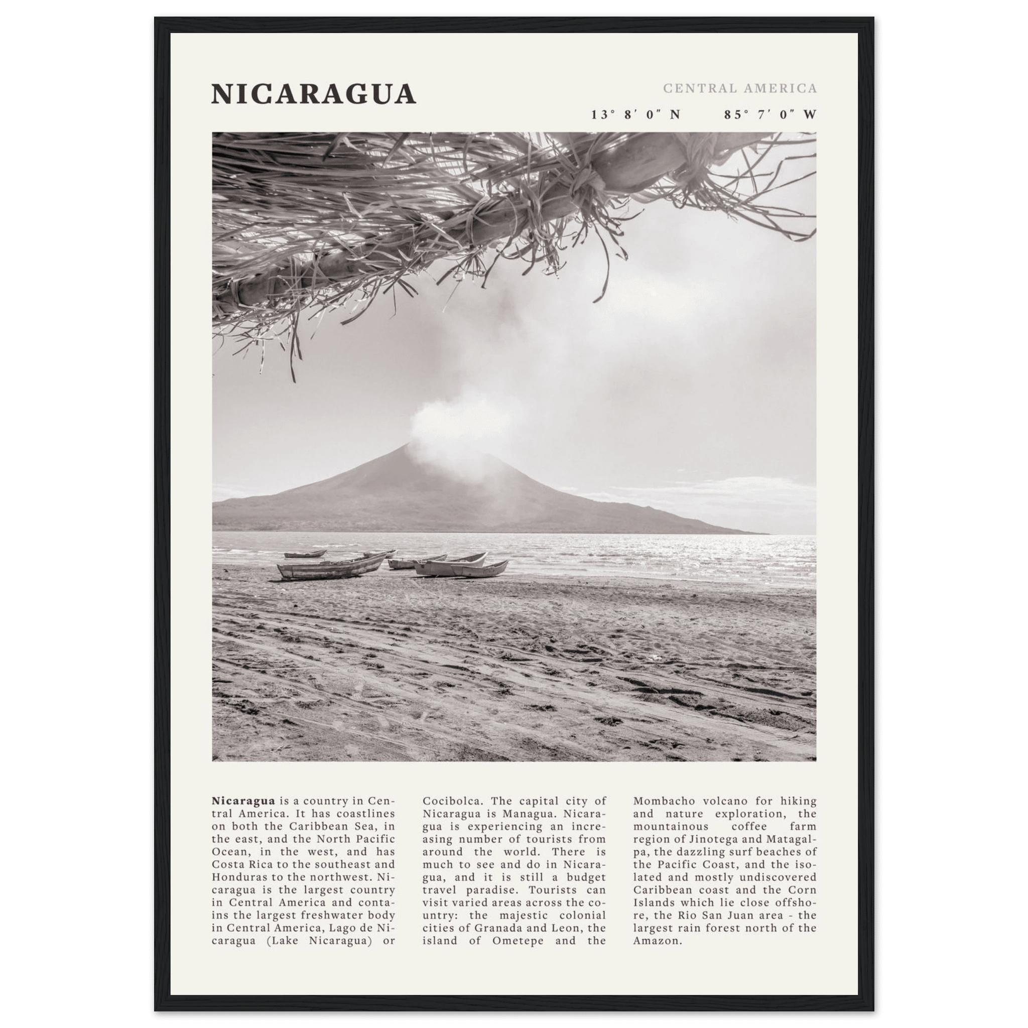 Nicaragua Poster | Black & White Volcano Wall Art | Central America Travel Print - Evergreen Posters