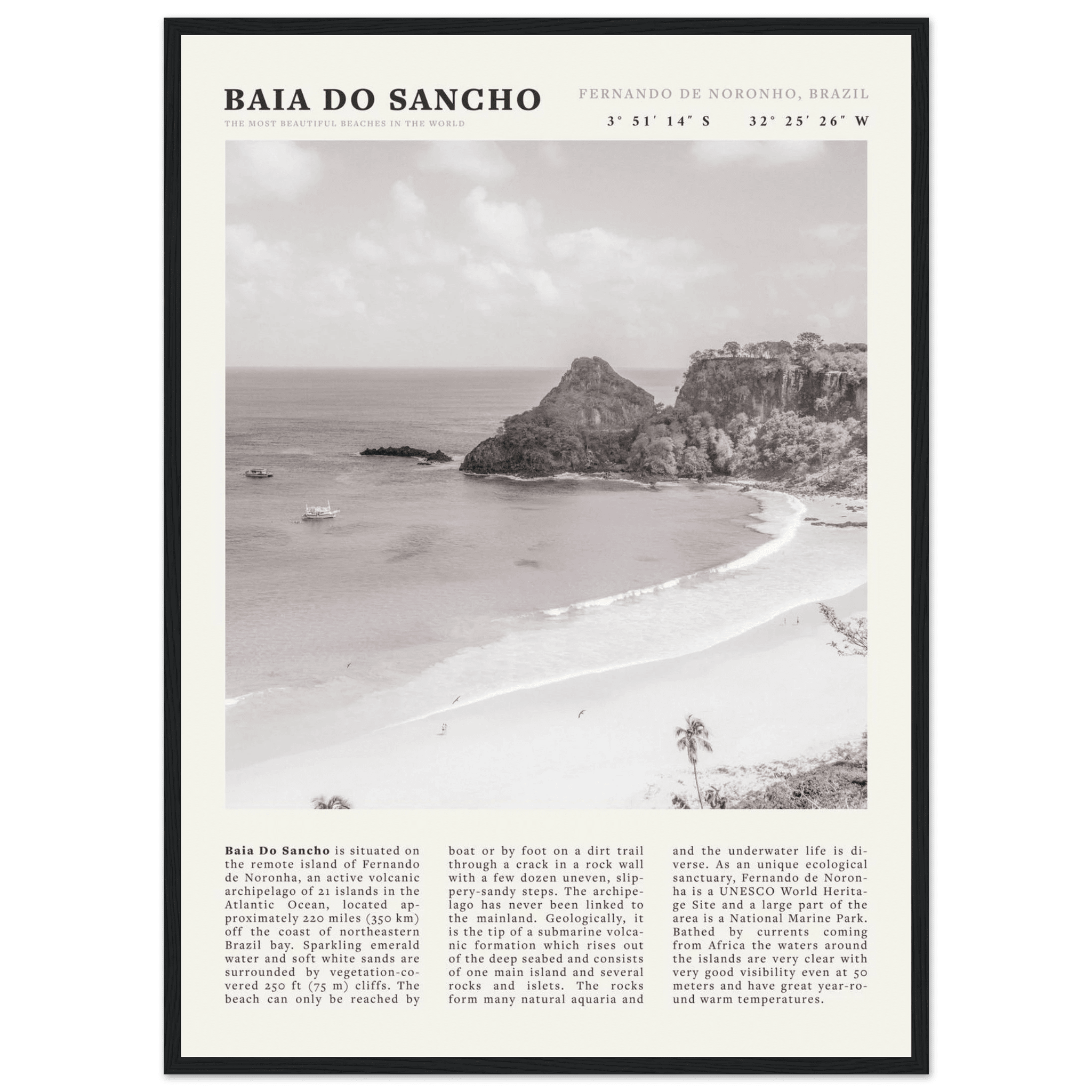 Baia Do Sancho Poster | Black & White Brazil Beach Wall Art | Fernando de Noronha - Evergreen Posters