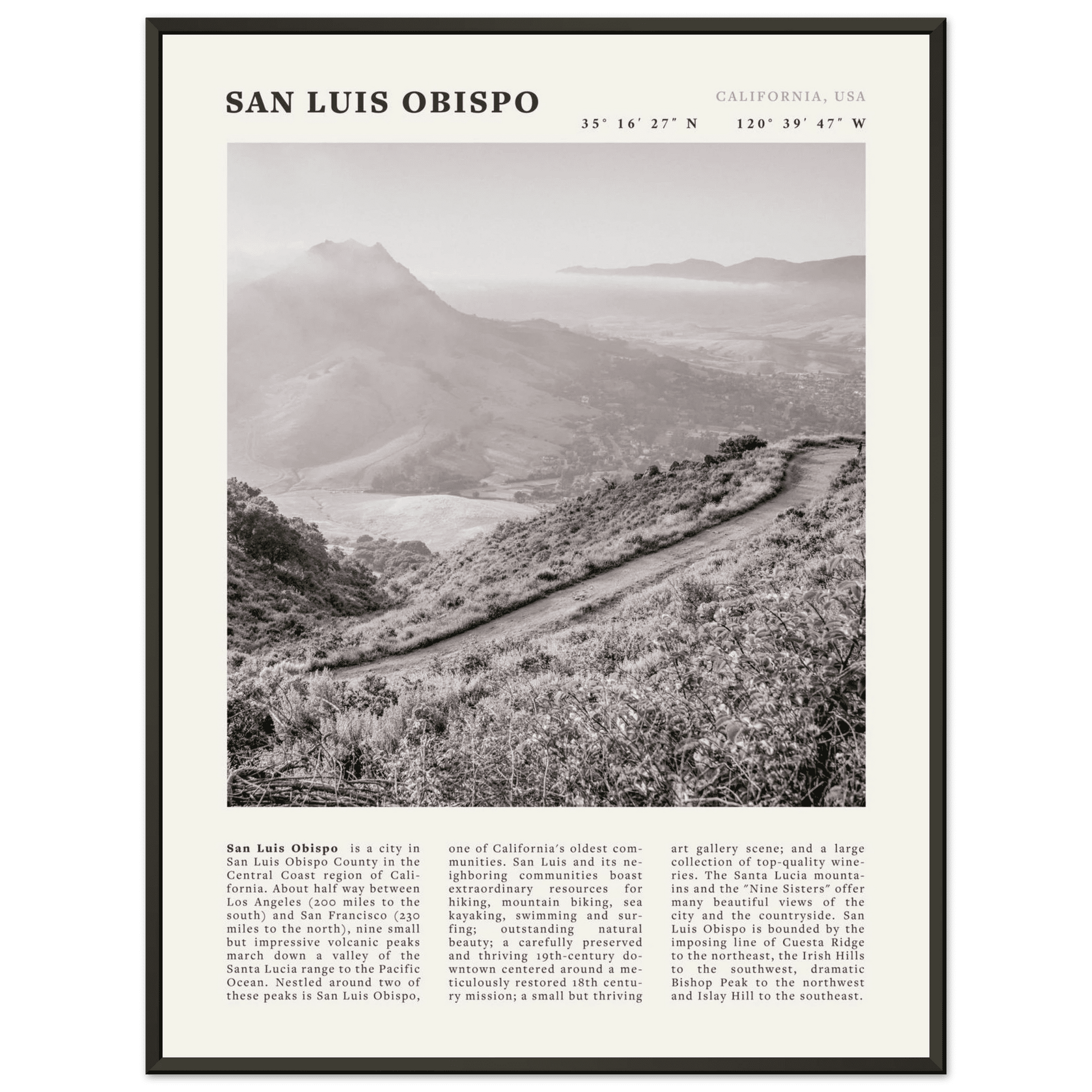 San Luis Obispo Poster | Black & White California Wall Art | SLO Travel Print - Evergreen Posters