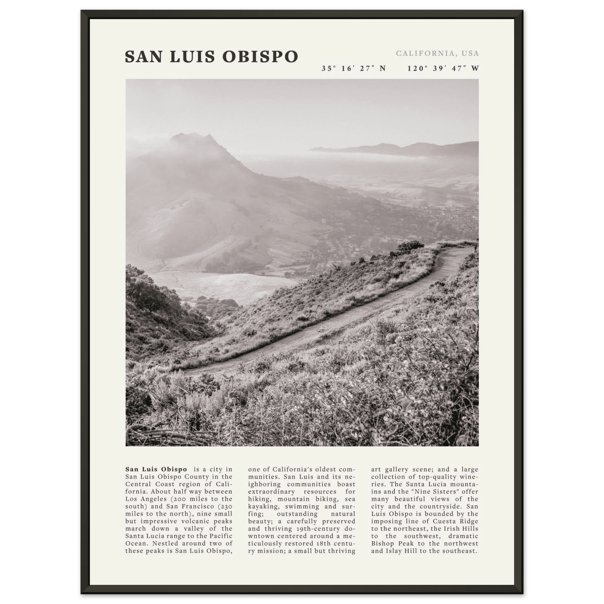 San Luis Obispo Poster | Black & White California Wall Art | SLO Travel Print - Evergreen Posters
