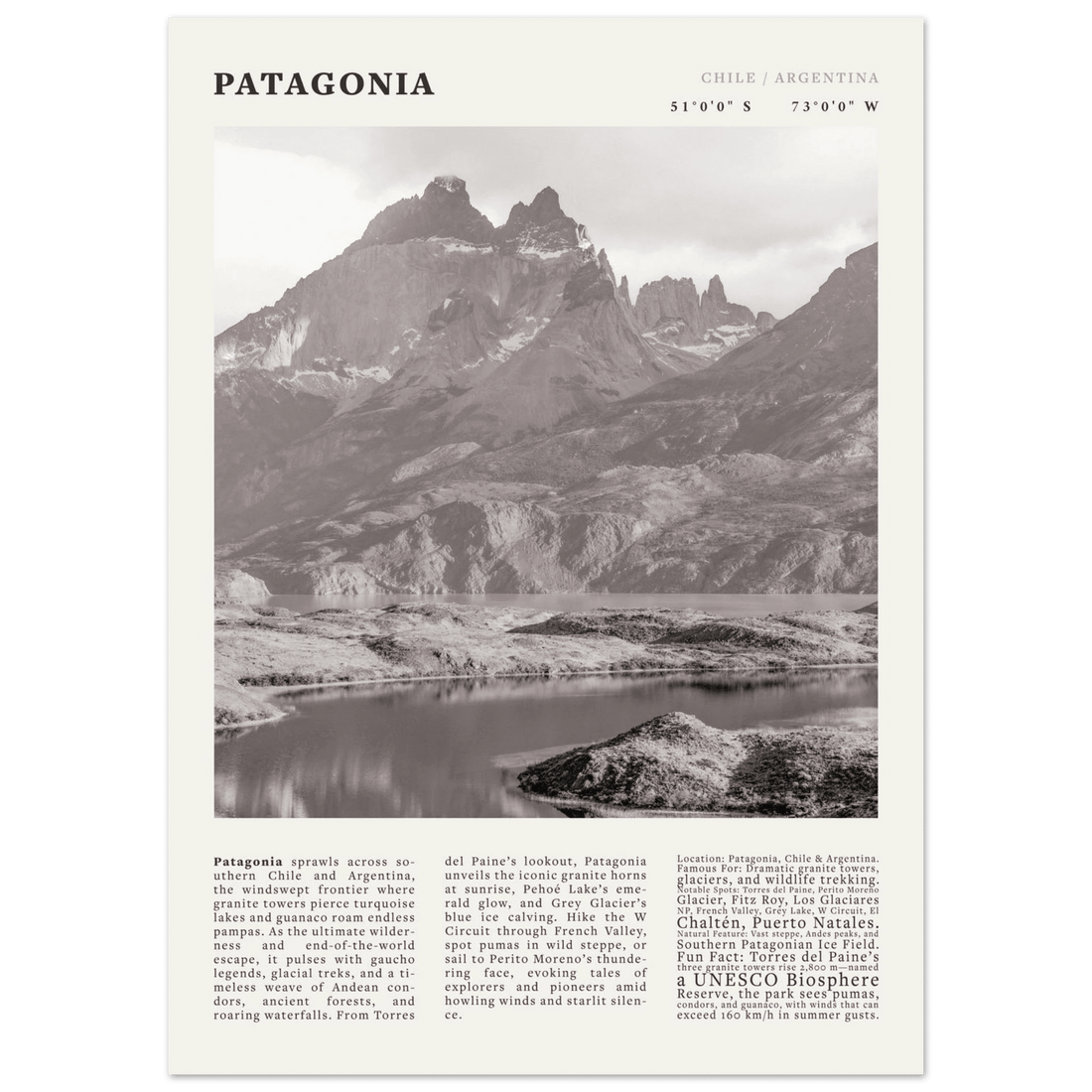 Patagonia Poster Black and White – Vintage Torres del Paine Landscape Print (Digital & Printed Options) - Evergreen Posters