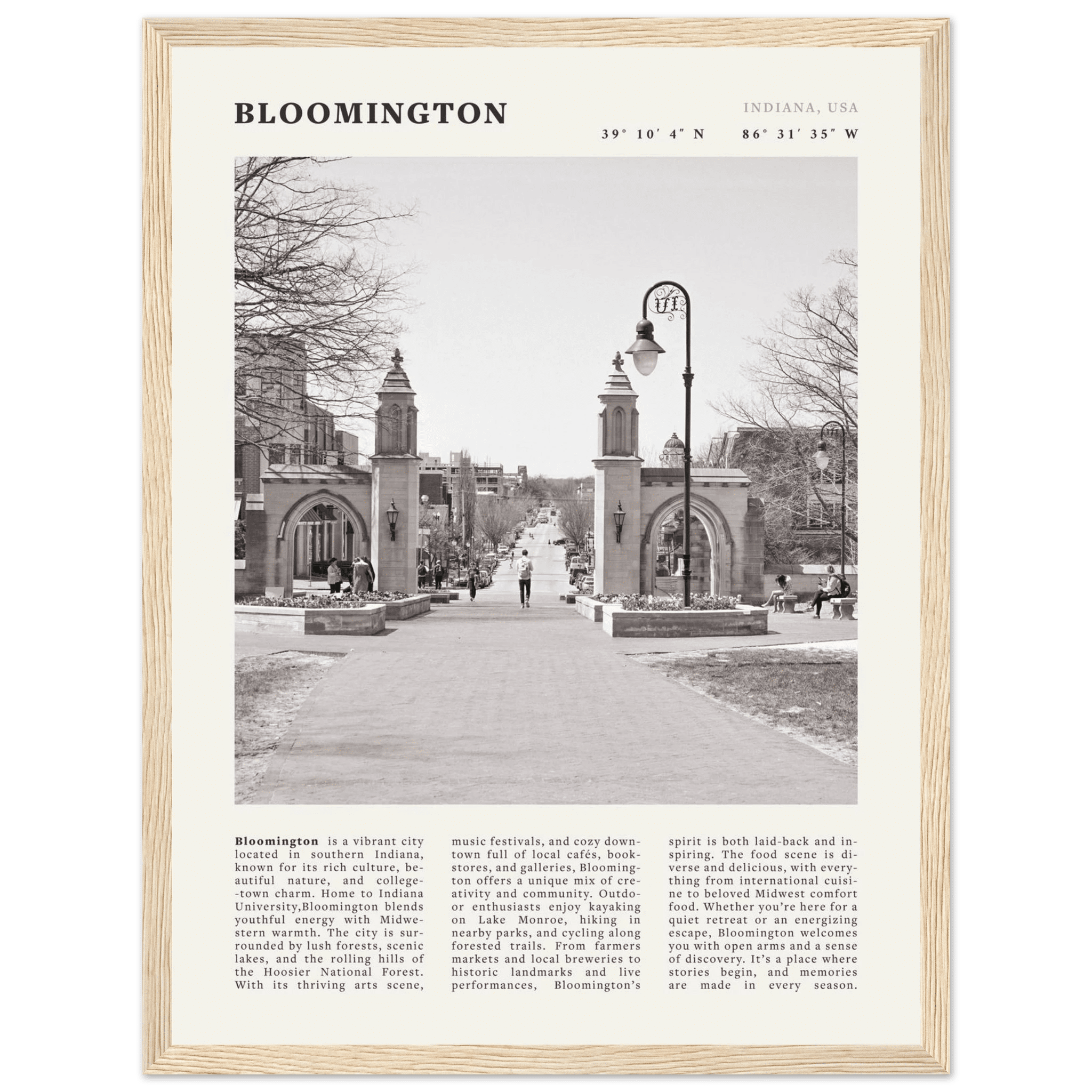 Bloomington Indiana Black and White Vintage Poster - Evergreen Posters
