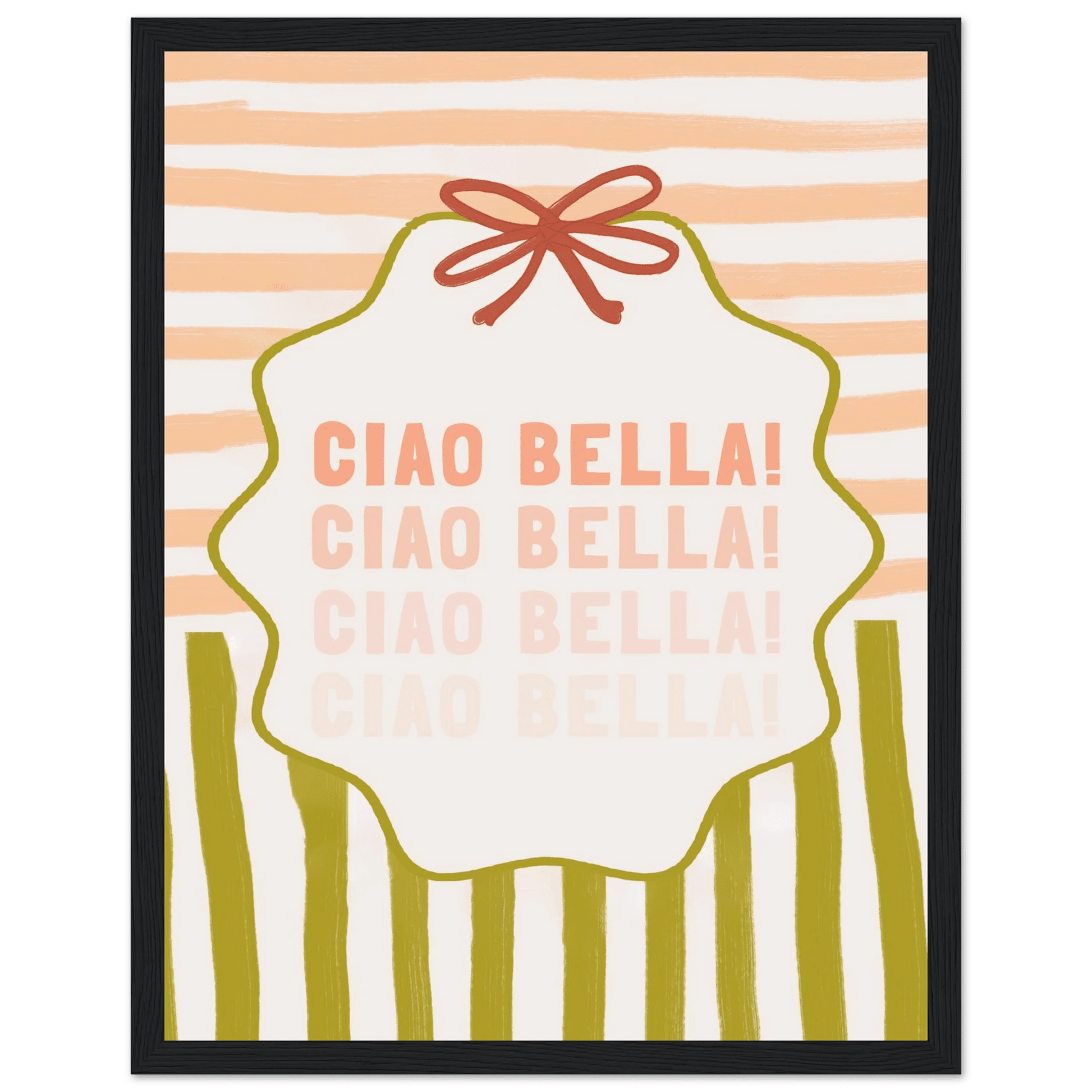 Ciao Bella Poster | Italian Typography Wall Art | Retro Stripe Bow Print | Cute Room Decor - Evergreen Posters