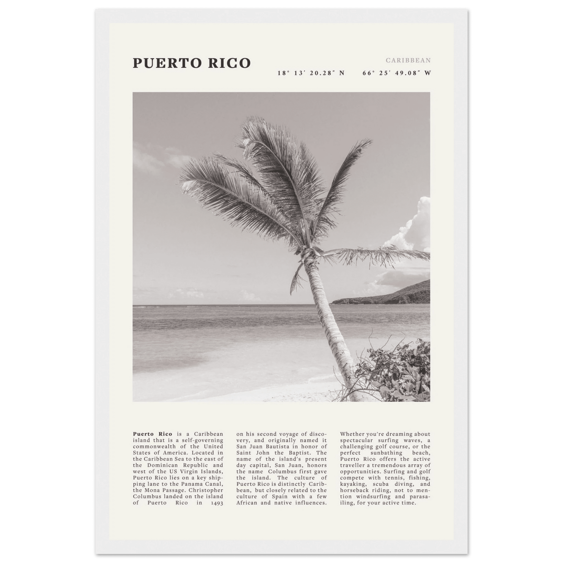 Puerto Rico Poster Black and White – Vintage Caribbean Palm Beach Print (Digital & Printed Options) - Evergreen Posters