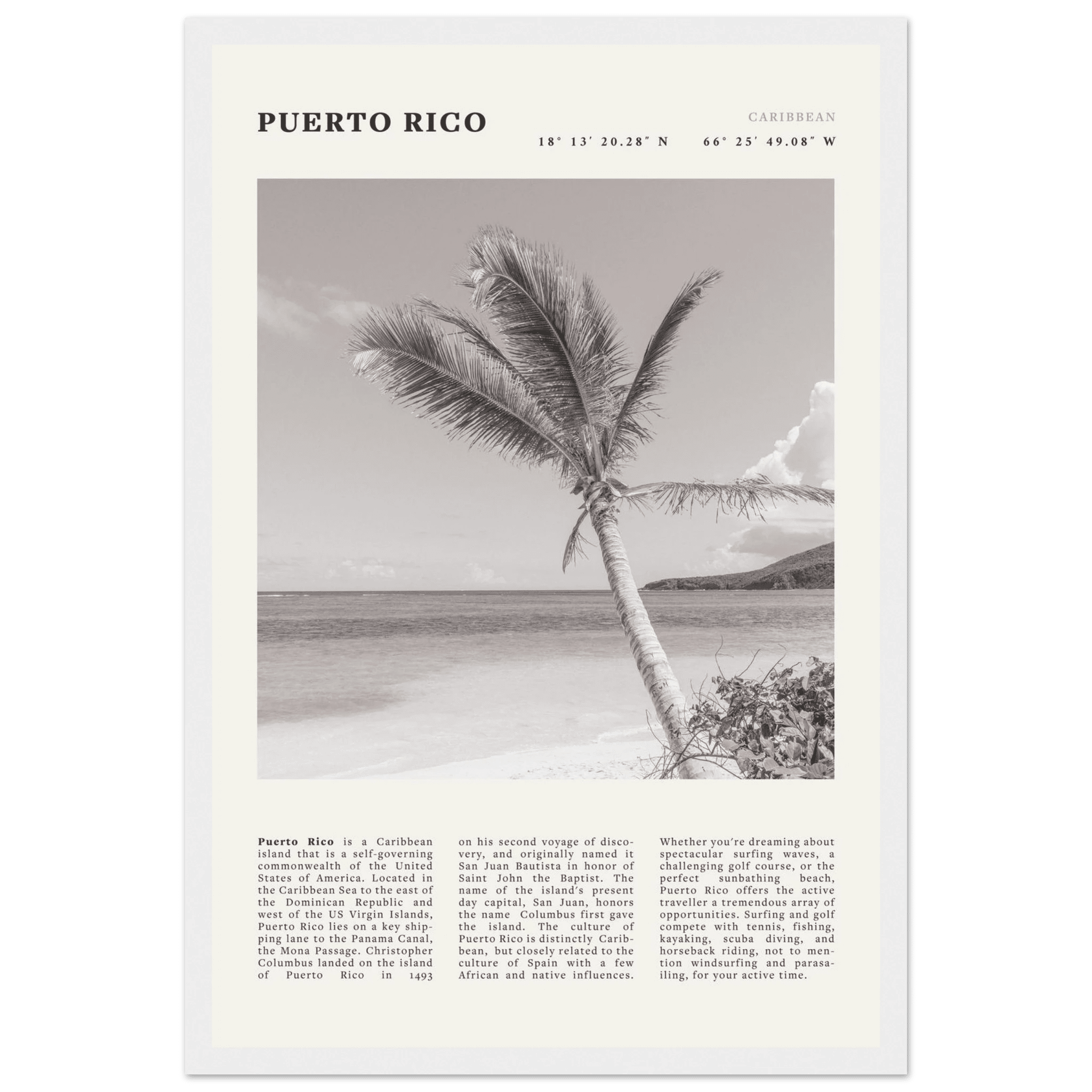 Puerto Rico Poster Black and White – Vintage Caribbean Palm Beach Print (Digital & Printed Options) - Evergreen Posters