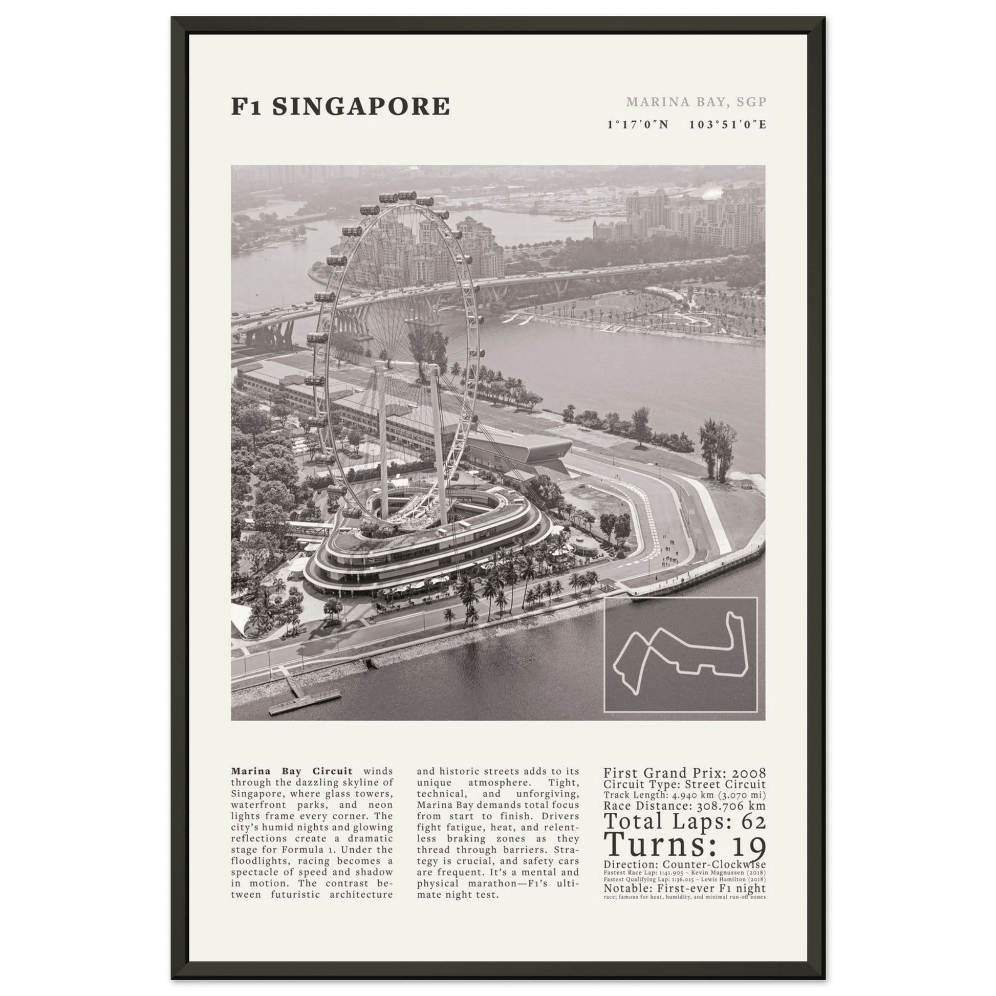 F1 Singapore Poster Black and White – Vintage Marina Bay Night Race Print (Digital & Printed Options) - Evergreen Posters