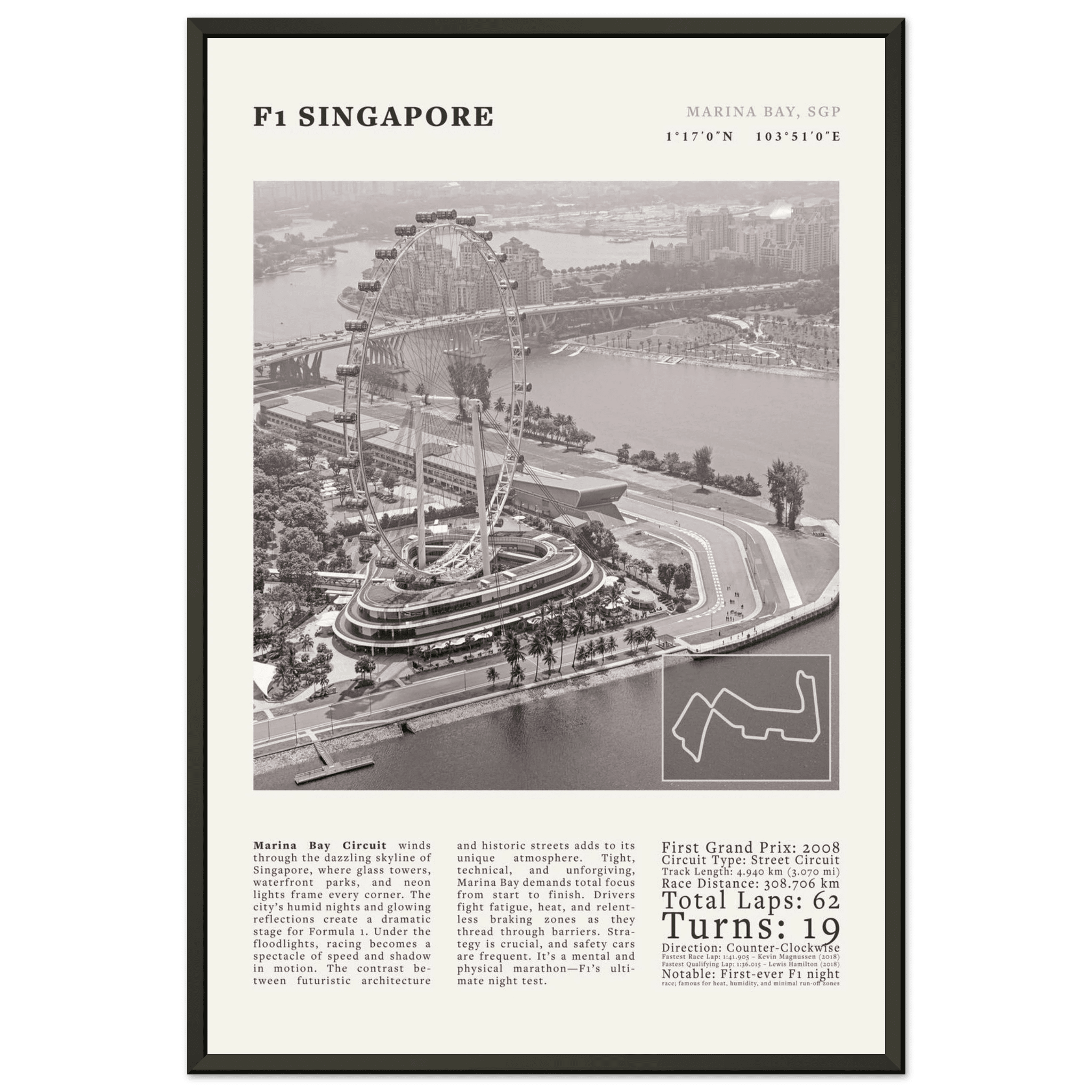F1 Singapore Poster Black and White – Vintage Marina Bay Night Race Print (Digital & Printed Options) - Evergreen Posters