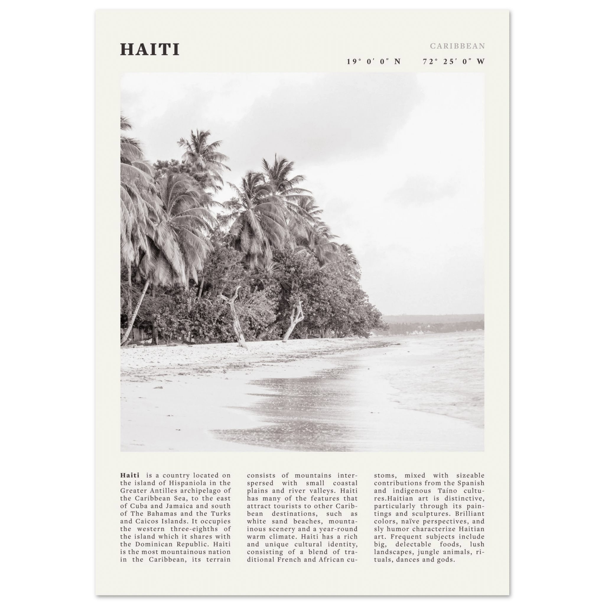 Haiti Poster | Black & White Caribbean Beach Wall Art | Tropical Travel Print - Evergreen Posters