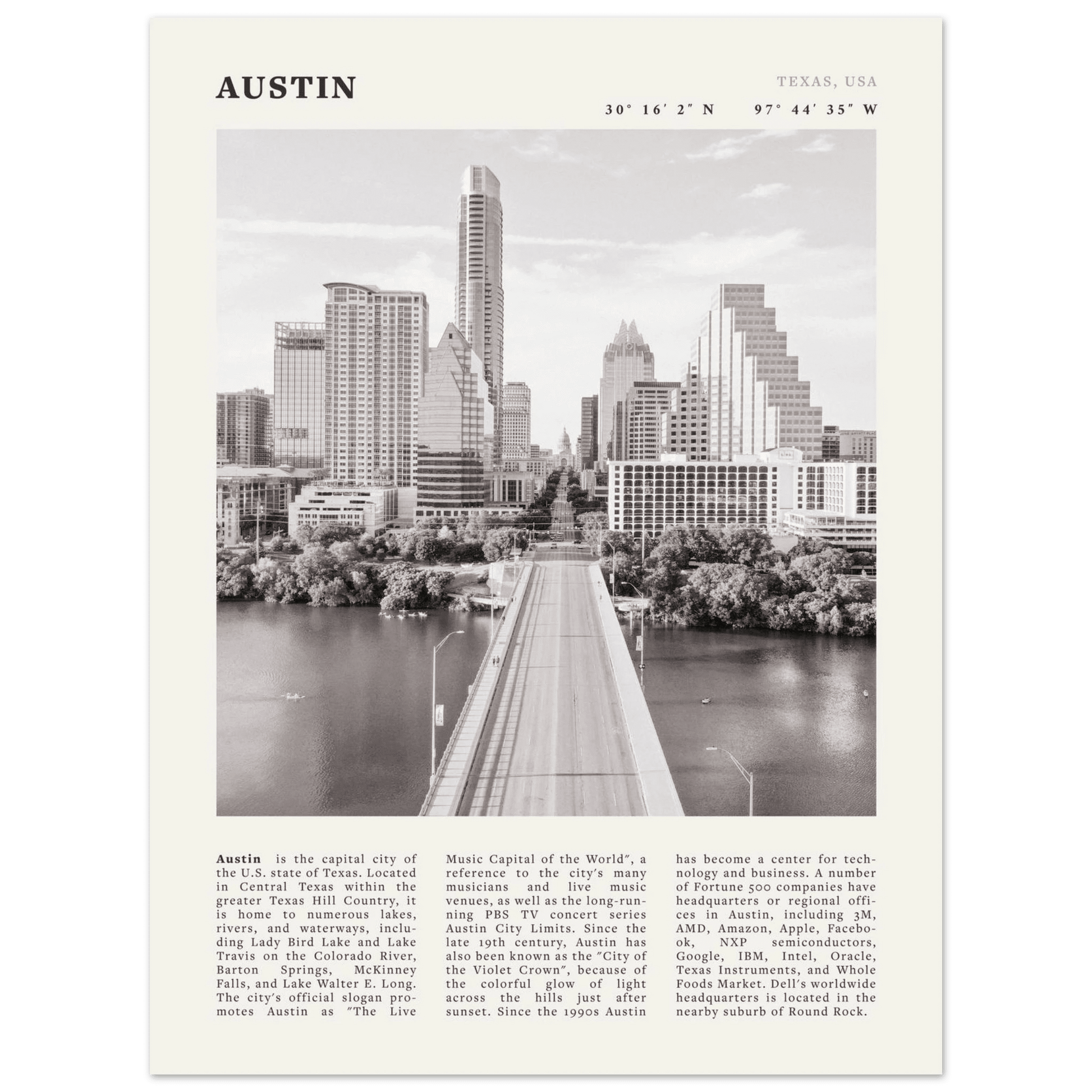 Austin Poster | Black & White Texas Skyline Wall Art | City Travel Print Decor - Evergreen Posters