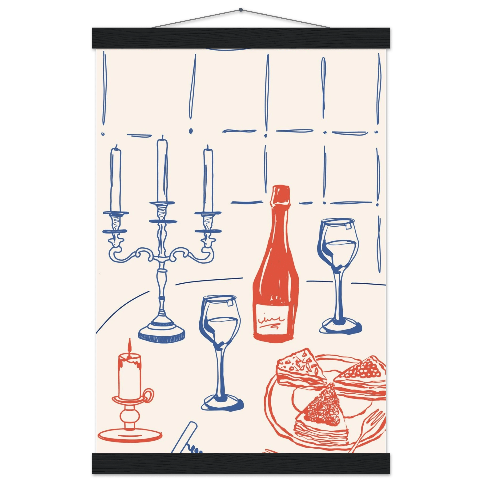 Candlelight Dinner Print | Wine & Candelabra Line Art Wall Art | Kitchen Poster - Evergreen Posters