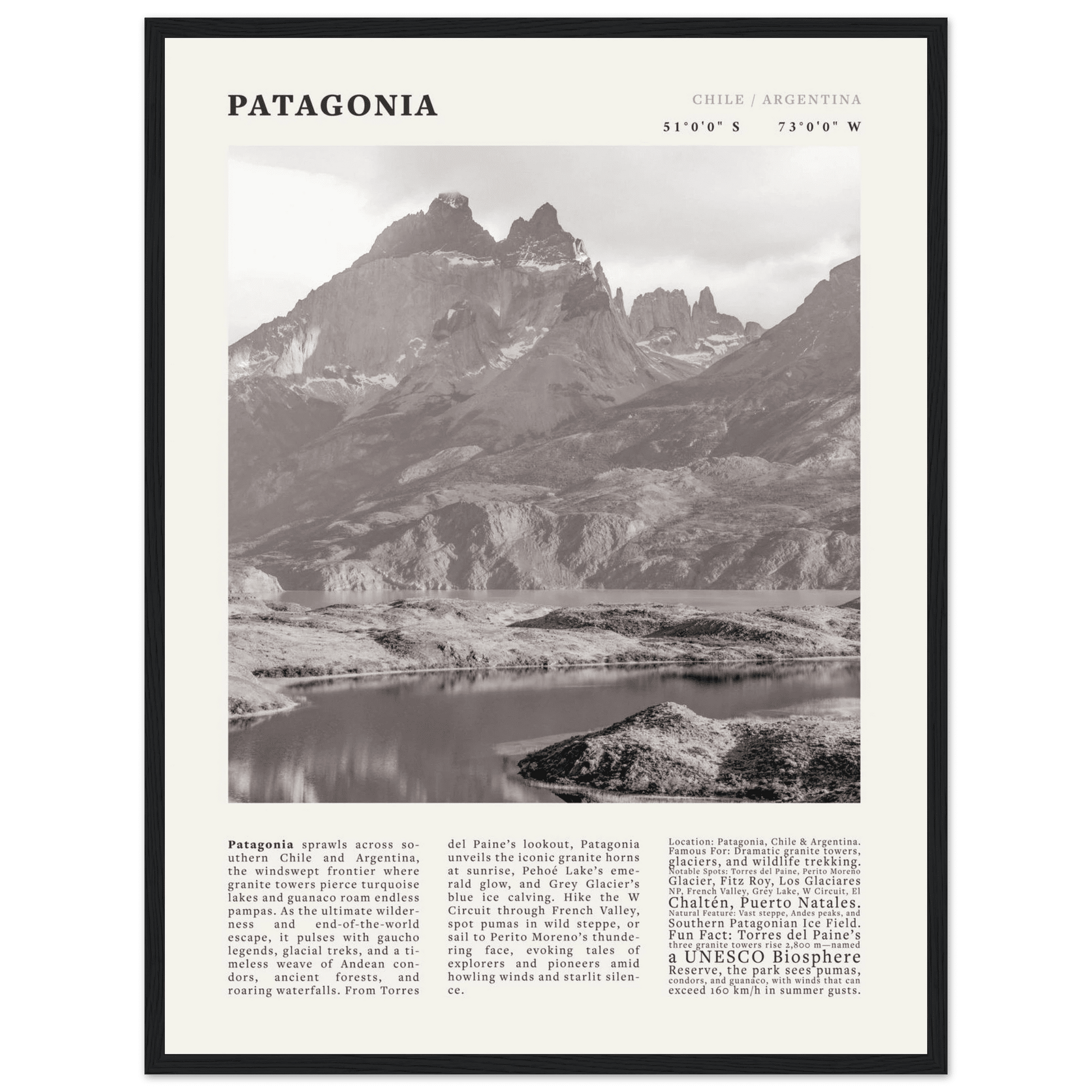 Patagonia Poster Black and White – Vintage Torres del Paine Landscape Print (Digital & Printed Options) - Evergreen Posters