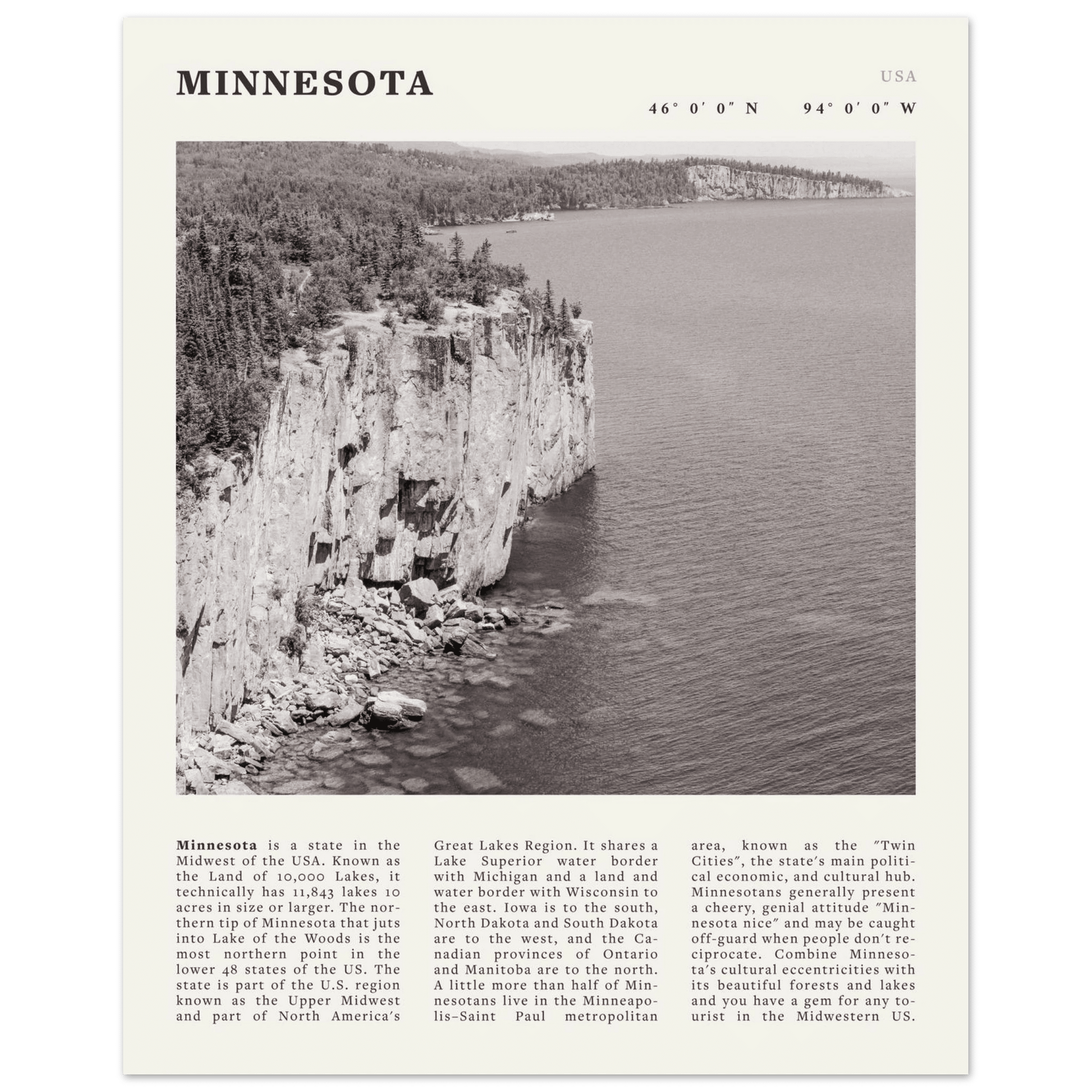Minnesota Poster | Black & White Lake Superior Wall Art | USA Nature Travel Print - Evergreen Posters