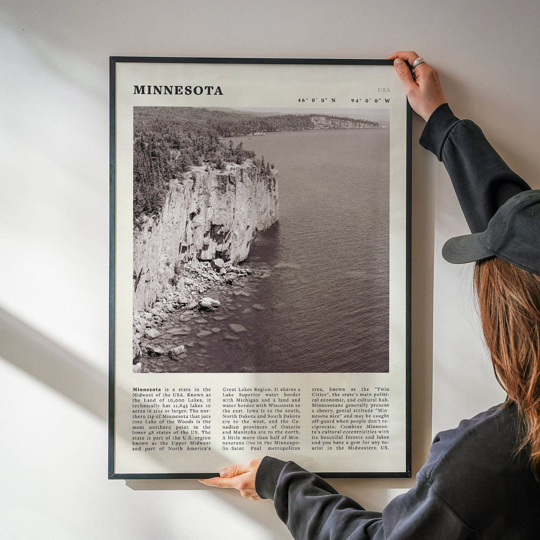 Minnesota Poster | Black & White Lake Superior Wall Art | USA Nature Travel Print - Evergreen Posters