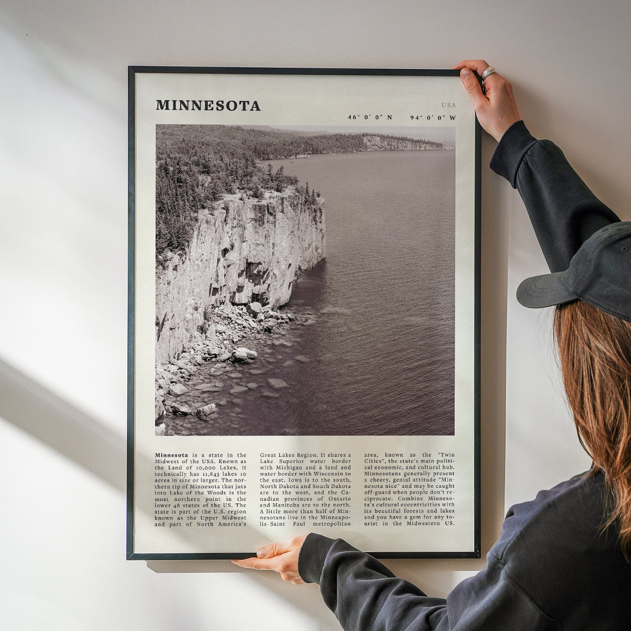 Minnesota Poster | Black & White Lake Superior Wall Art | USA Nature Travel Print - Evergreen Posters