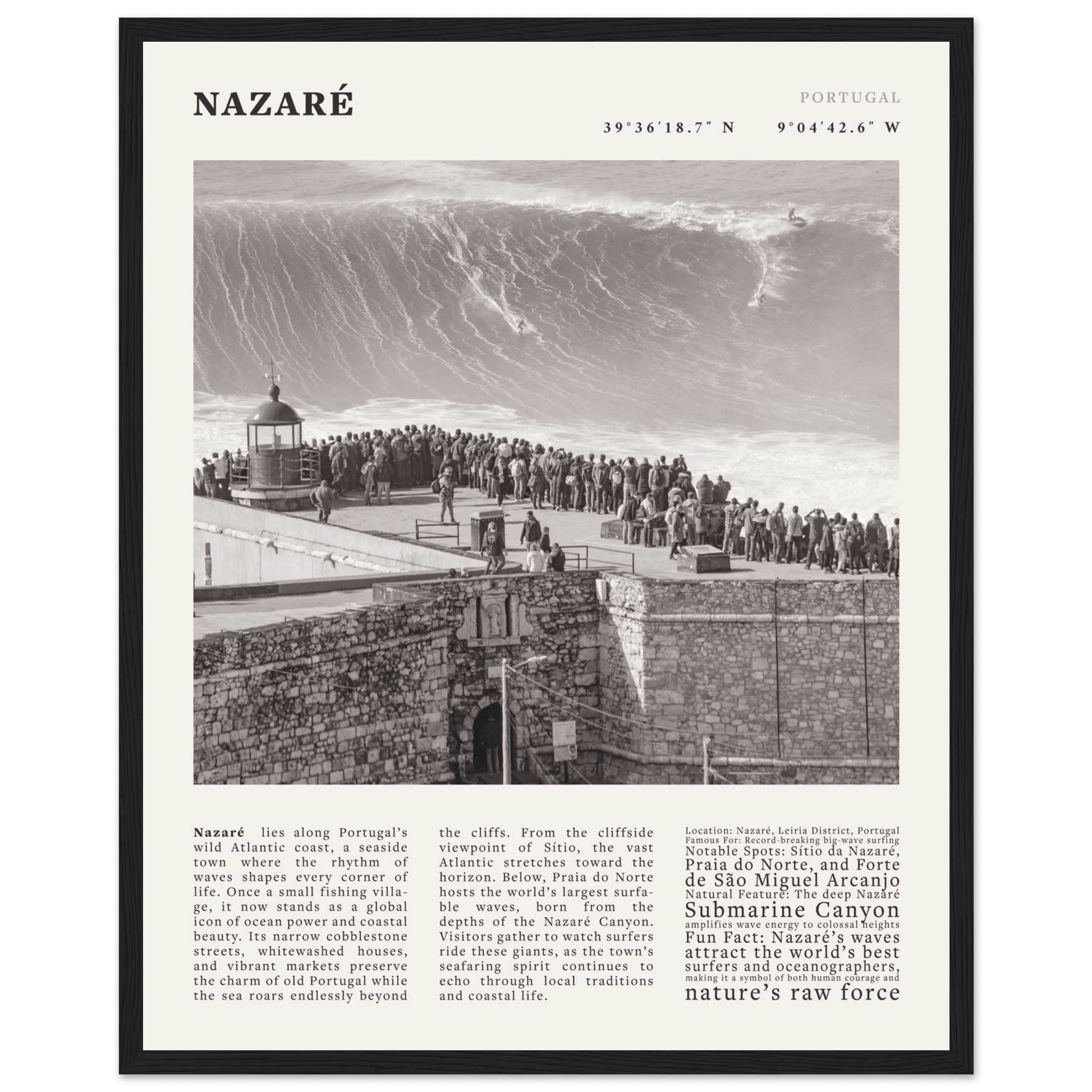 Nazaré Portugal Poster Black and White – Vintage Big Waves Surf Print (Digital & Printed Options) - Evergreen Posters