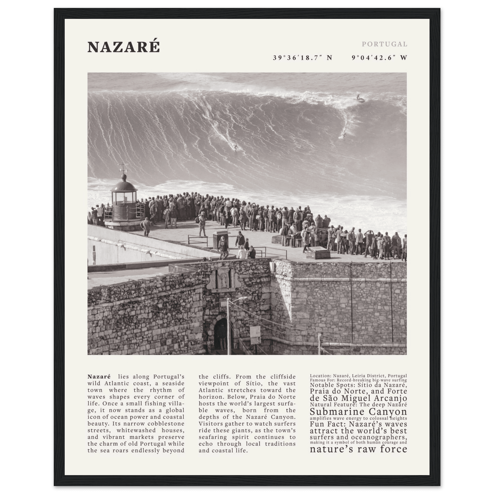 Nazaré Portugal Poster Black and White – Vintage Big Waves Surf Print (Digital & Printed Options) - Evergreen Posters