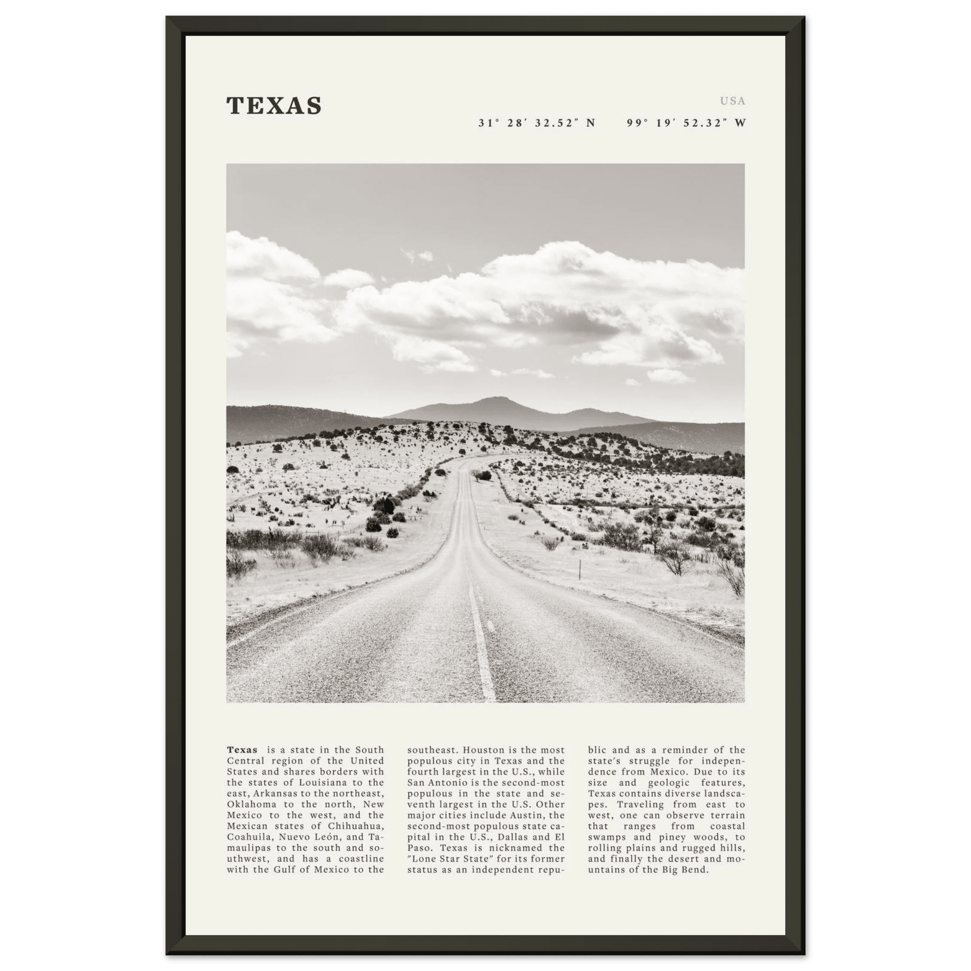 Texas Poster | Black & White Lone Star Road Wall Art | USA Travel Print Decor - Evergreen Posters
