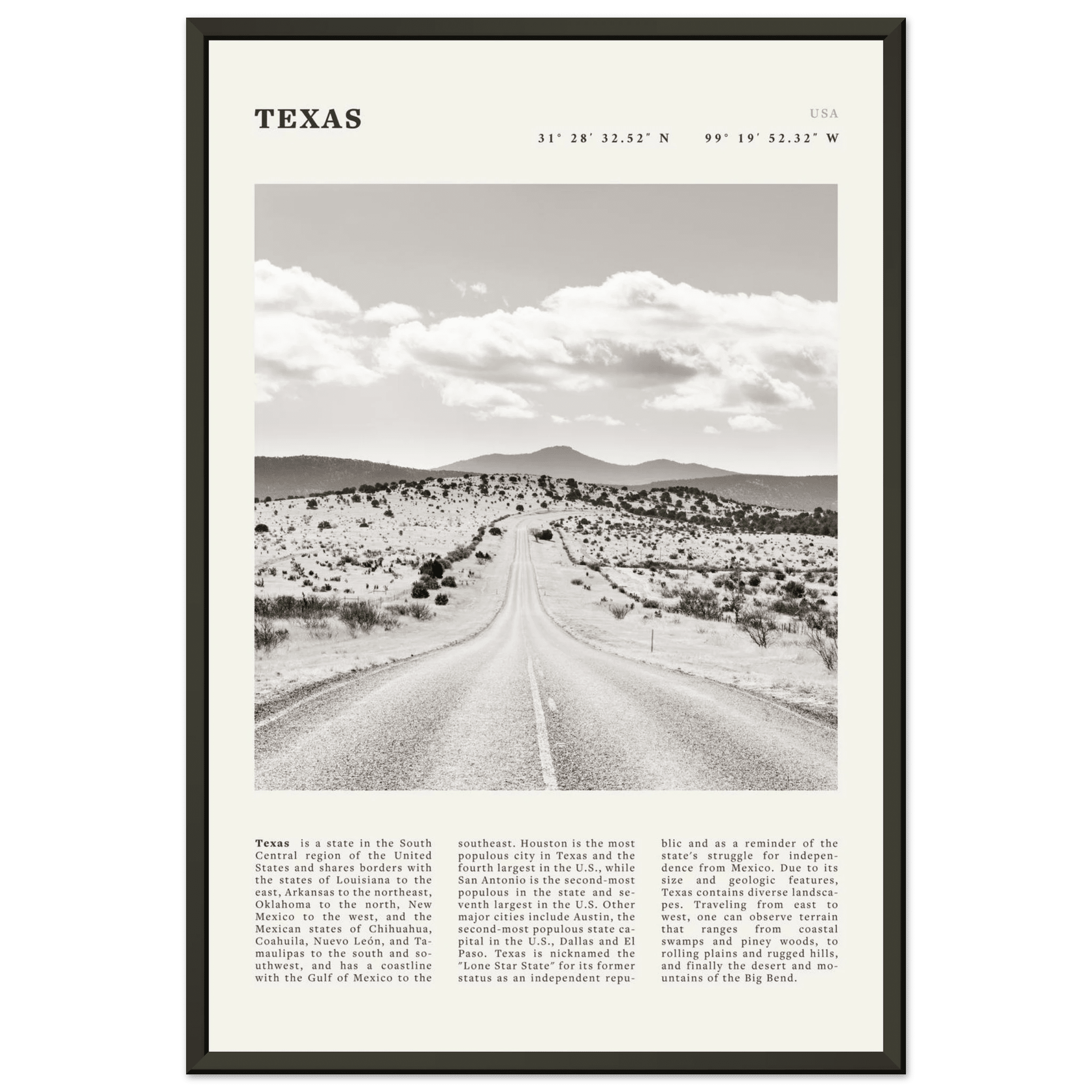 Texas Poster | Black & White Lone Star Road Wall Art | USA Travel Print Decor - Evergreen Posters