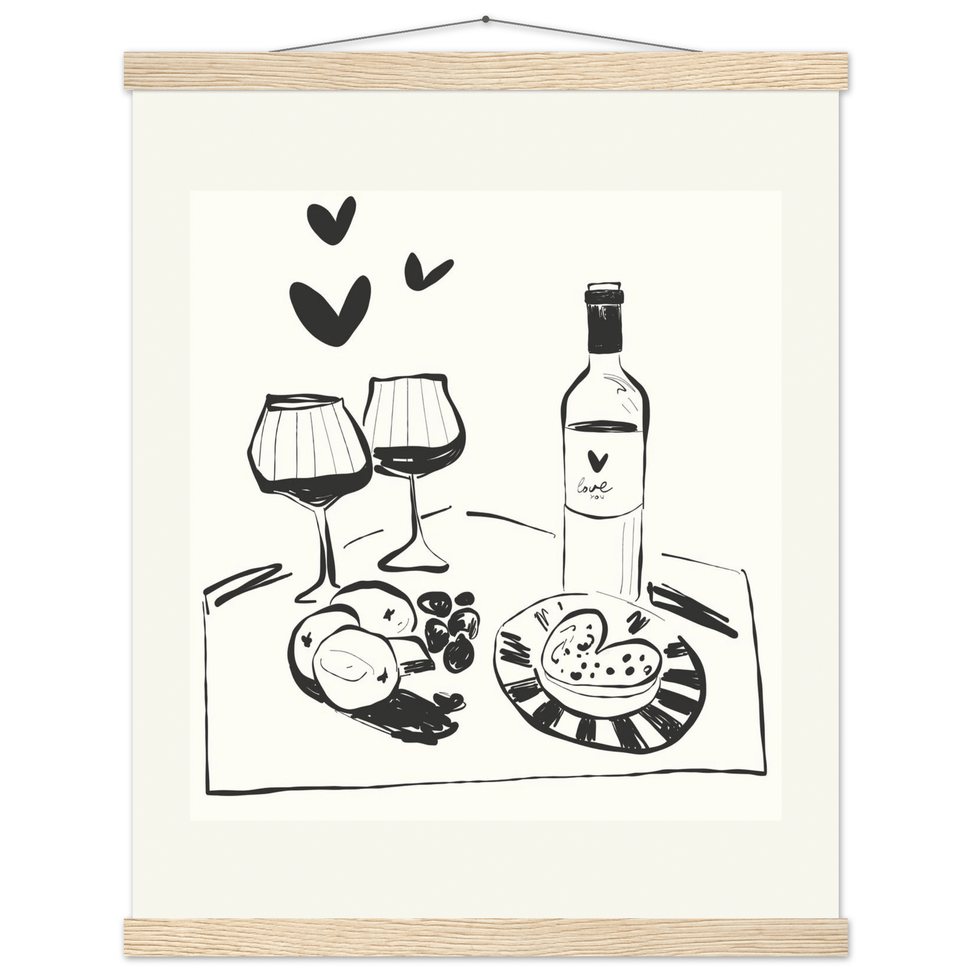 Wine for Two Print | Black Line Art Romantic Kitchen Wall Art | Couples Poster - Evergreen Posters