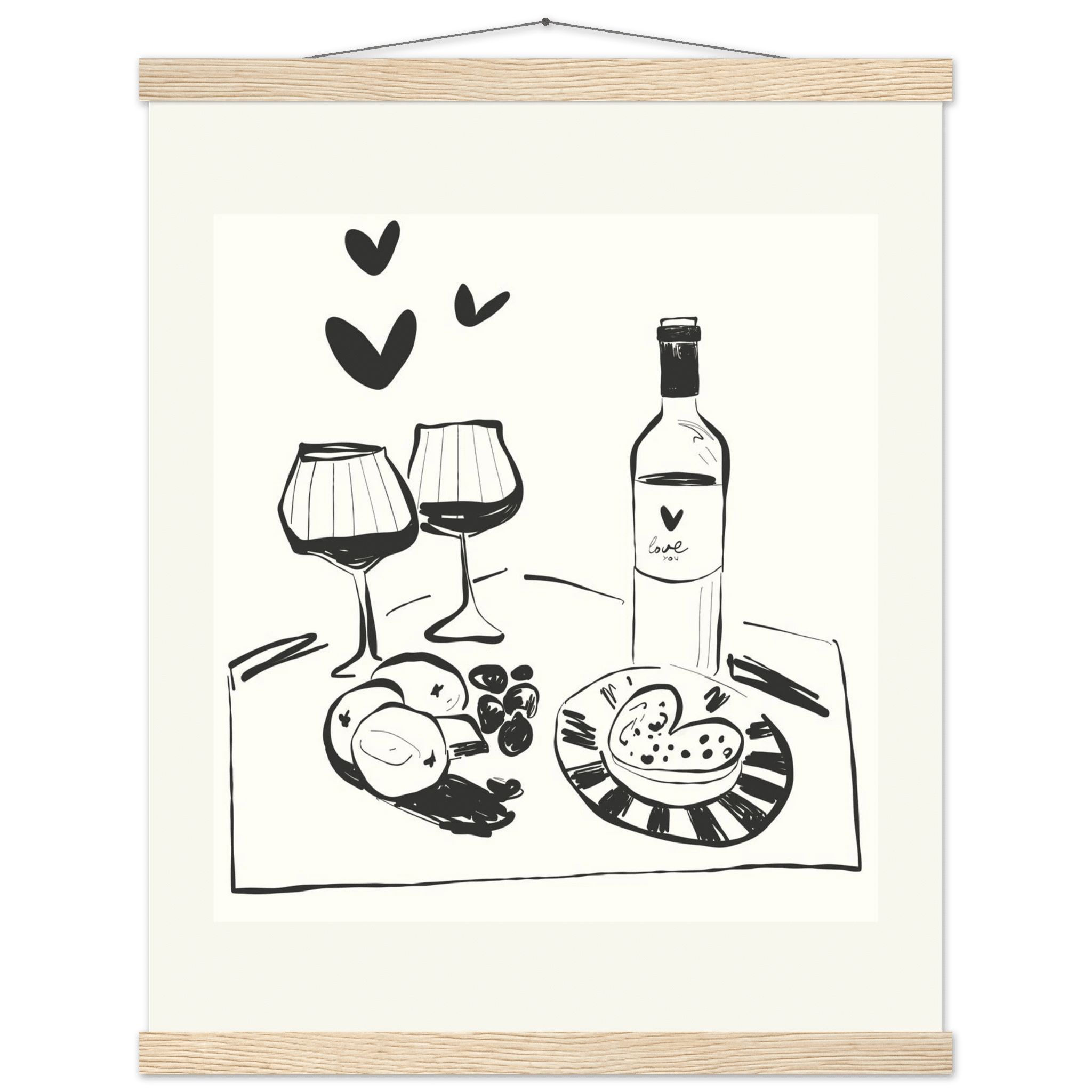 Wine for Two Print | Black Line Art Romantic Kitchen Wall Art | Couples Poster - Evergreen Posters