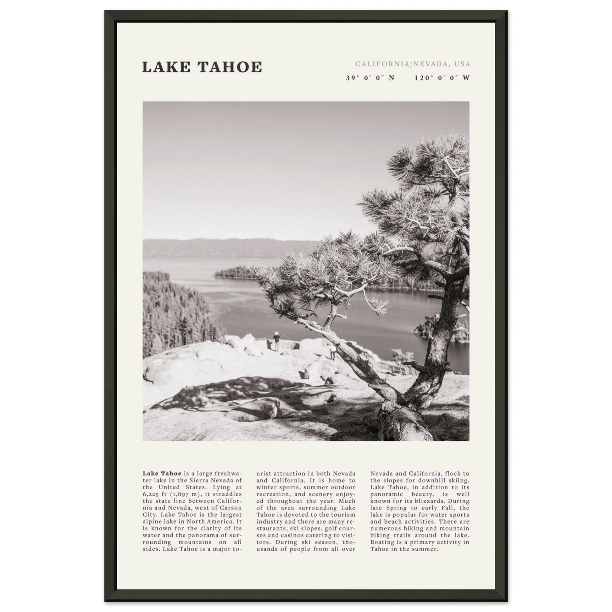 Lake Tahoe Poster | Black & White California Nevada Wall Art | Nature Travel Print Decor - Evergreen Posters