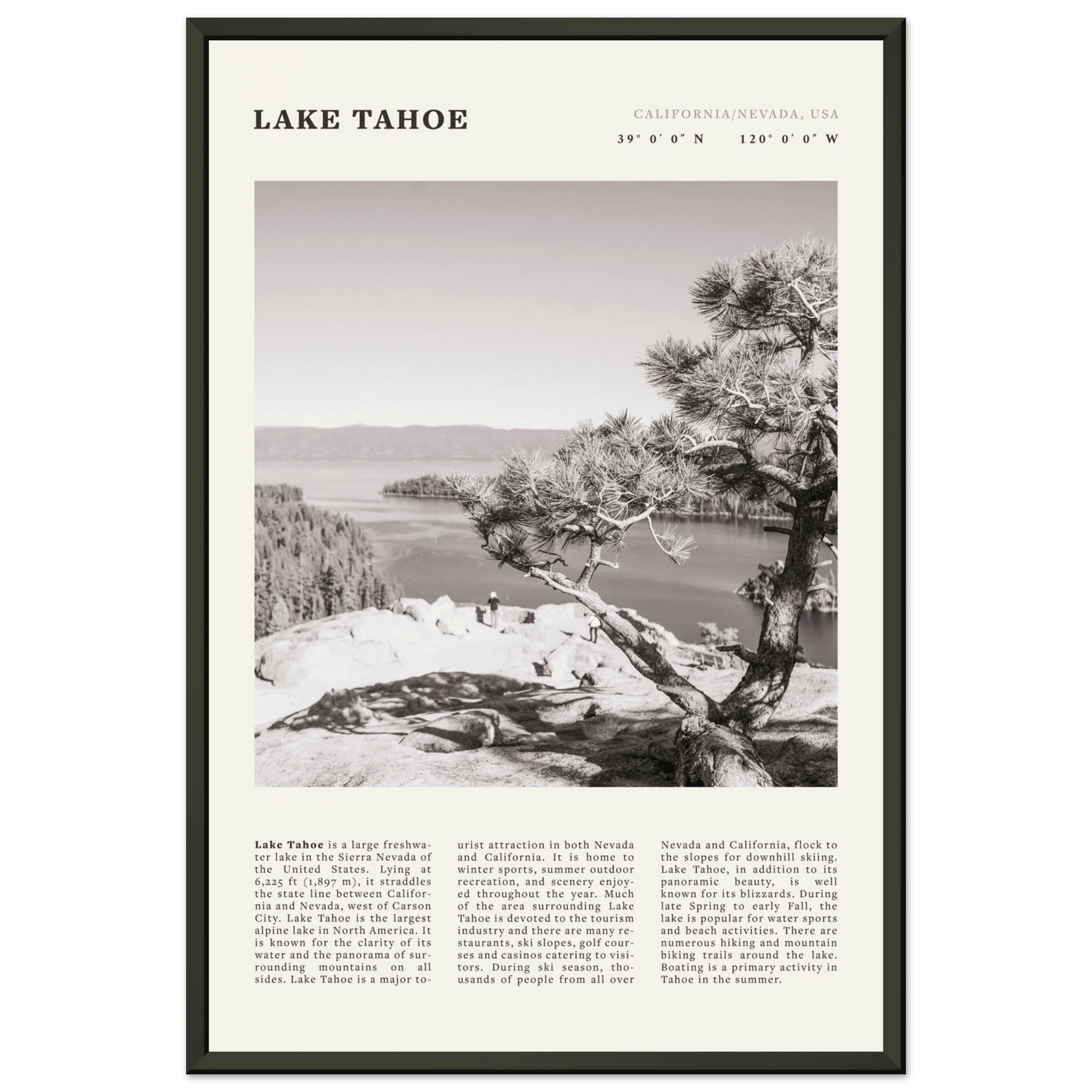 Lake Tahoe Poster | Black & White California Nevada Wall Art | Nature Travel Print Decor - Evergreen Posters