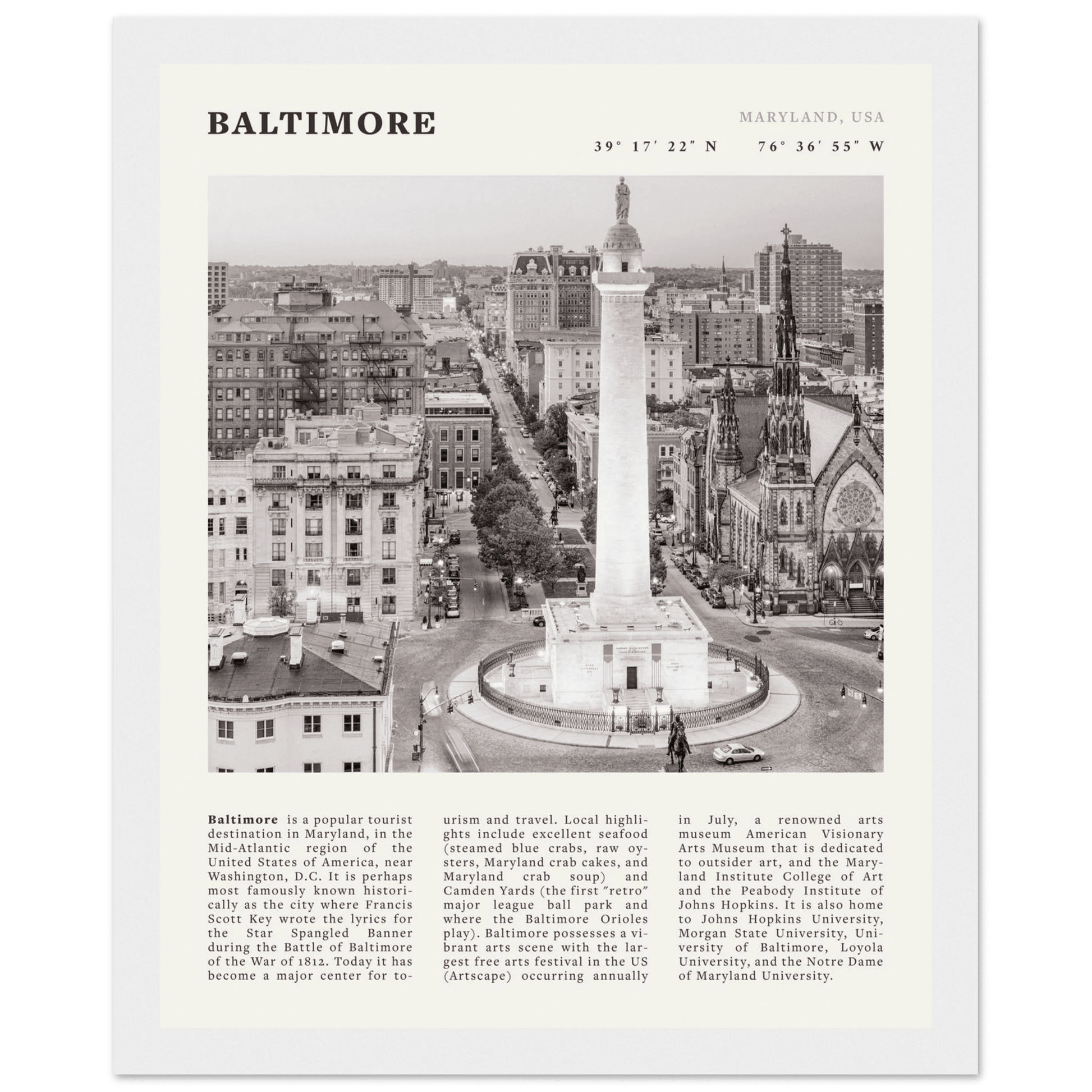 Baltimore Poster | Black & White Maryland City Wall Art | USA Travel Print - Evergreen Posters