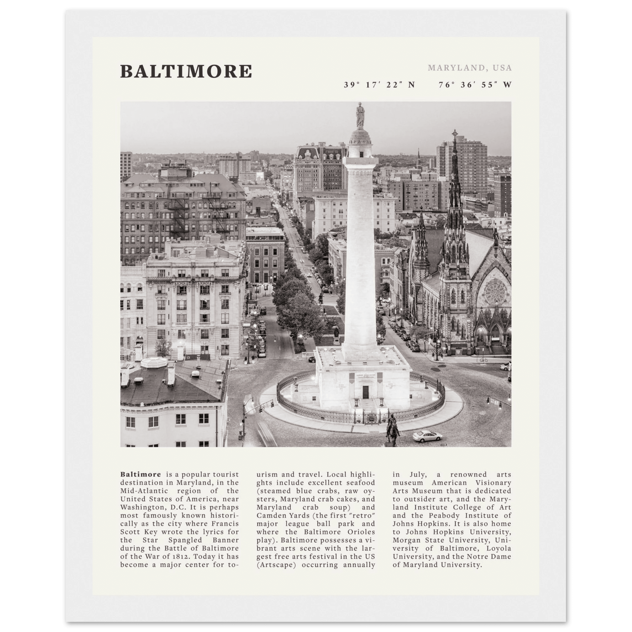 Baltimore Poster | Black & White Maryland City Wall Art | USA Travel Print - Evergreen Posters