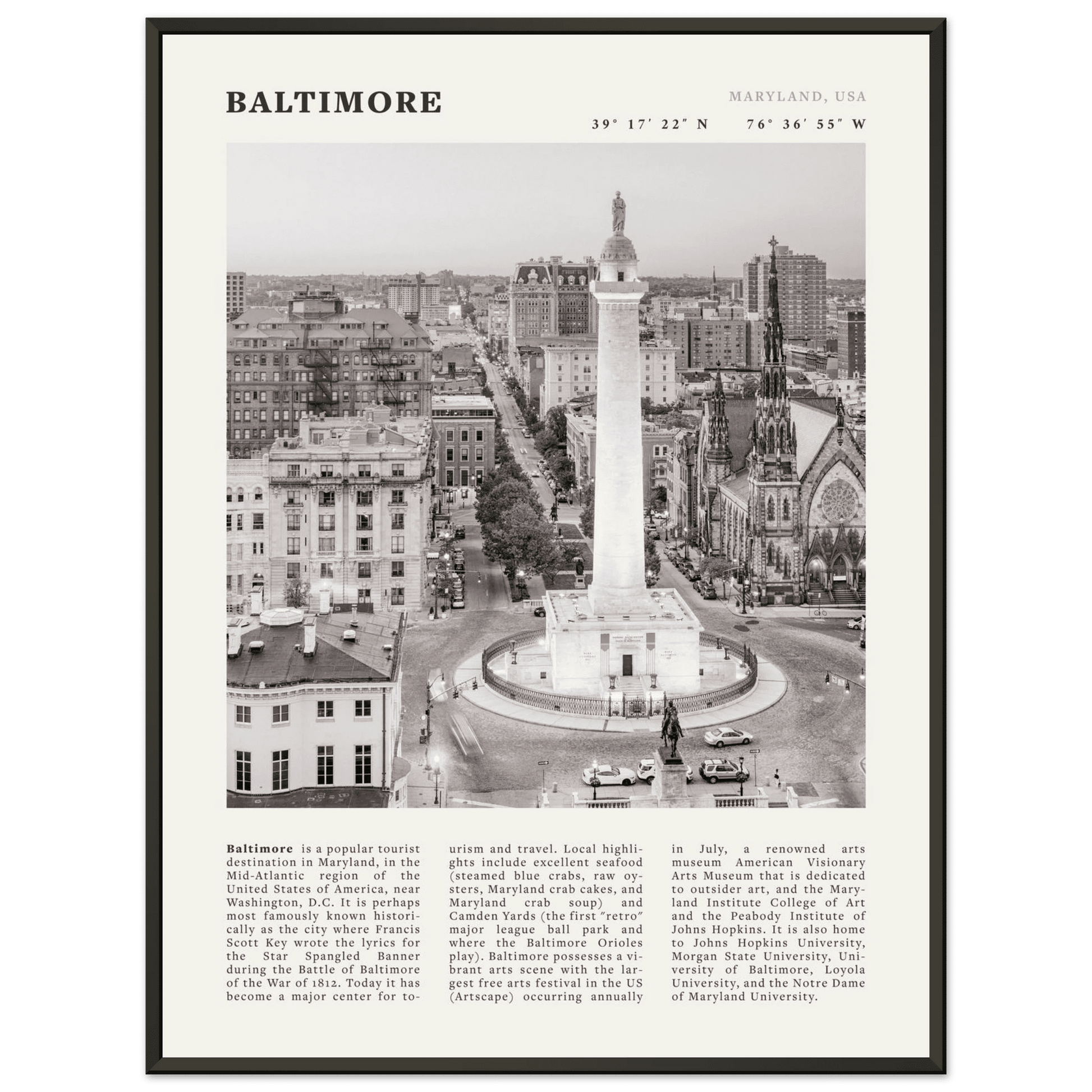 Baltimore Poster | Black & White Maryland City Wall Art | USA Travel Print - Evergreen Posters