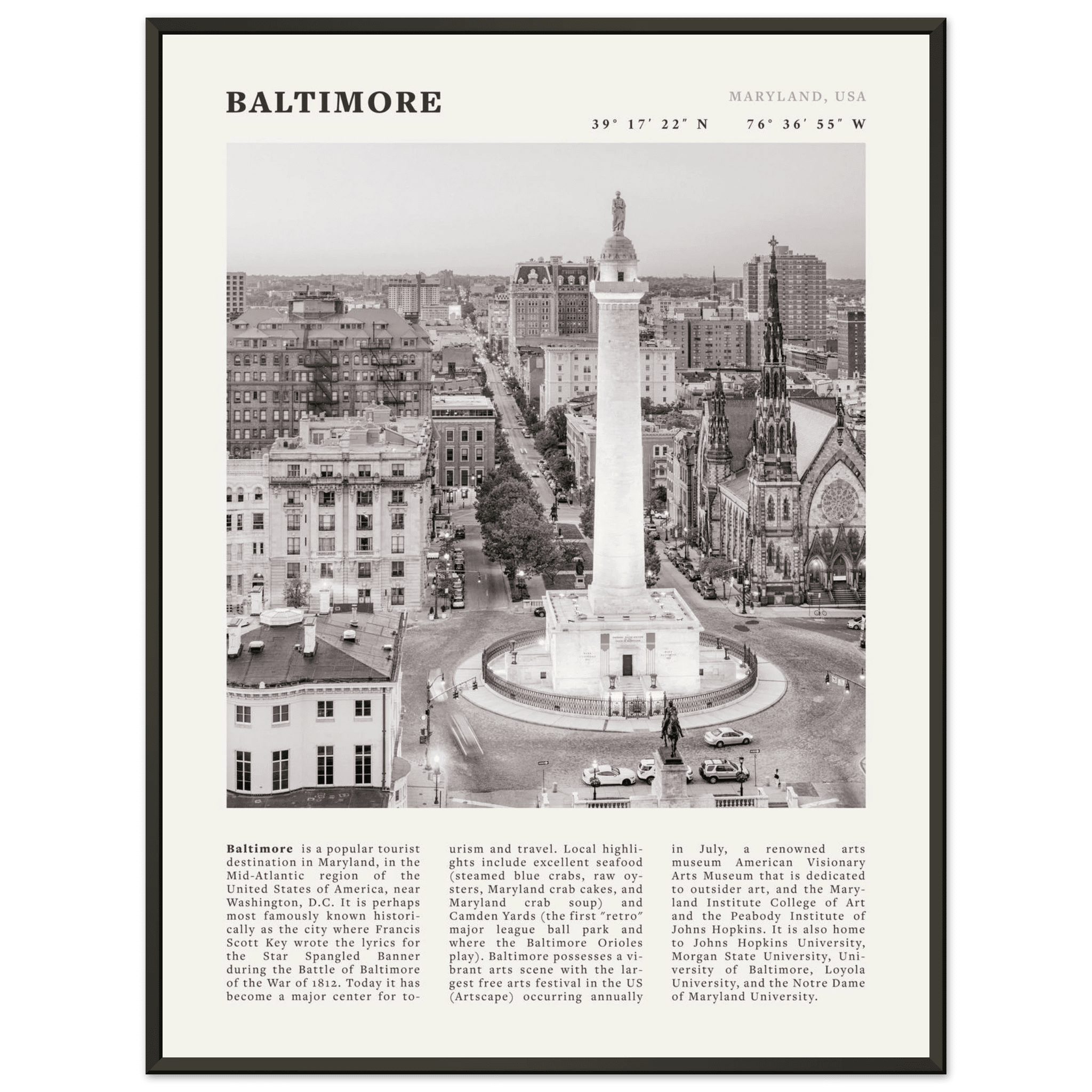 Baltimore Poster | Black & White Maryland City Wall Art | USA Travel Print - Evergreen Posters