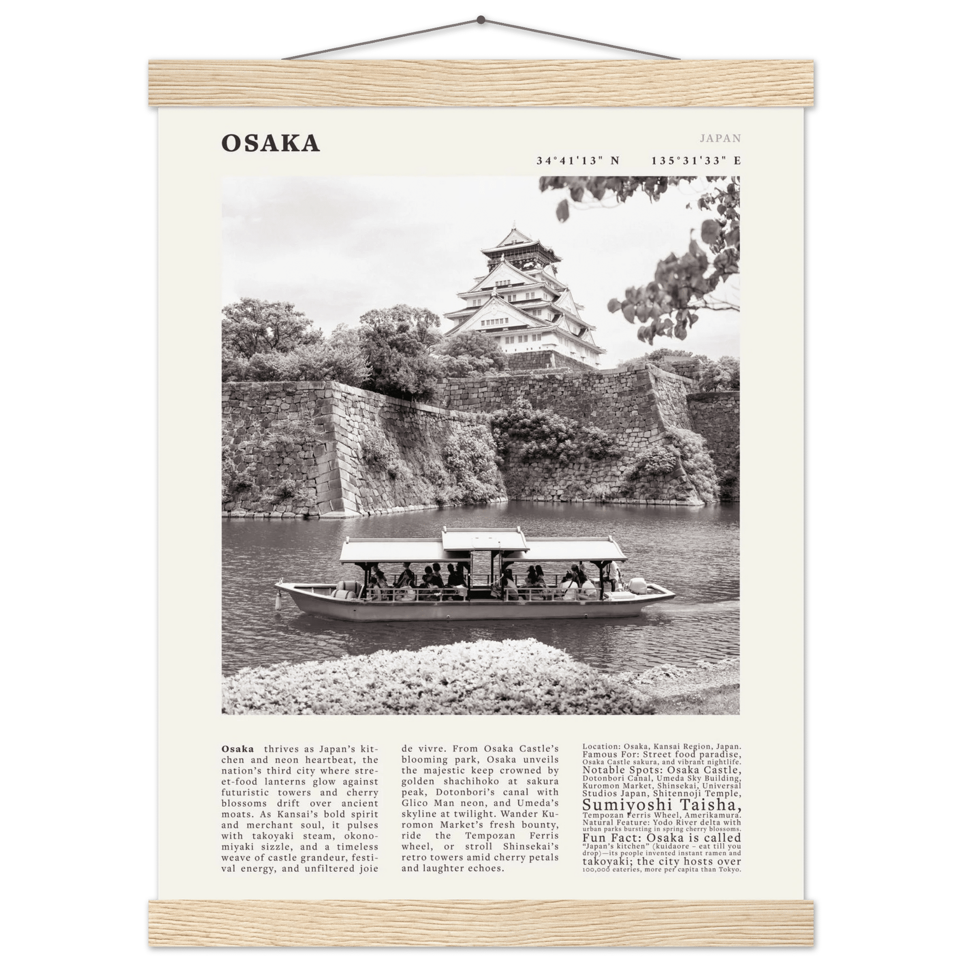 Osaka Poster Black and White – Vintage Osaka Castle Cherry Blossom Print (Digital & Printed Options) - Evergreen Posters