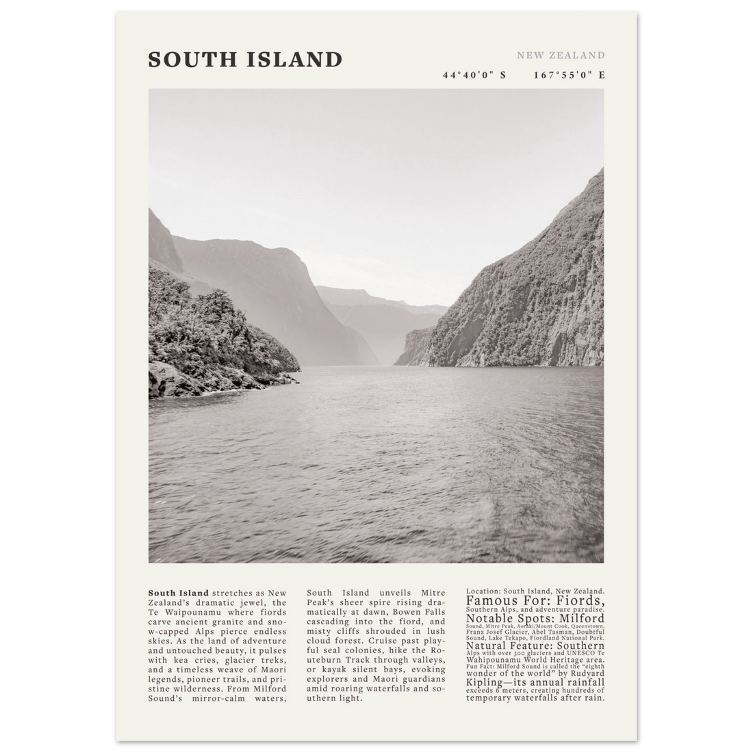 South Island New Zealand Poster Black and White – Vintage Milford Sound Fjord Print - Evergreen Posters